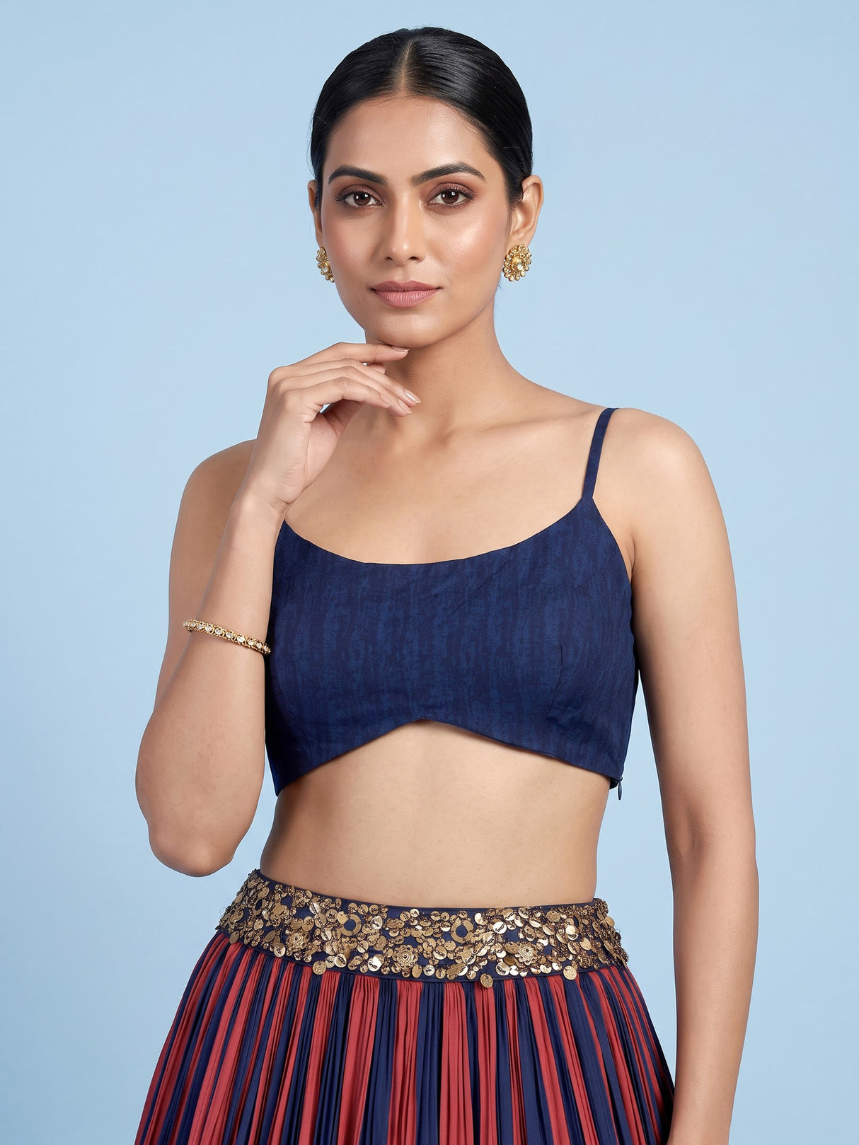Rust blue striped jacket lehenga choli for women