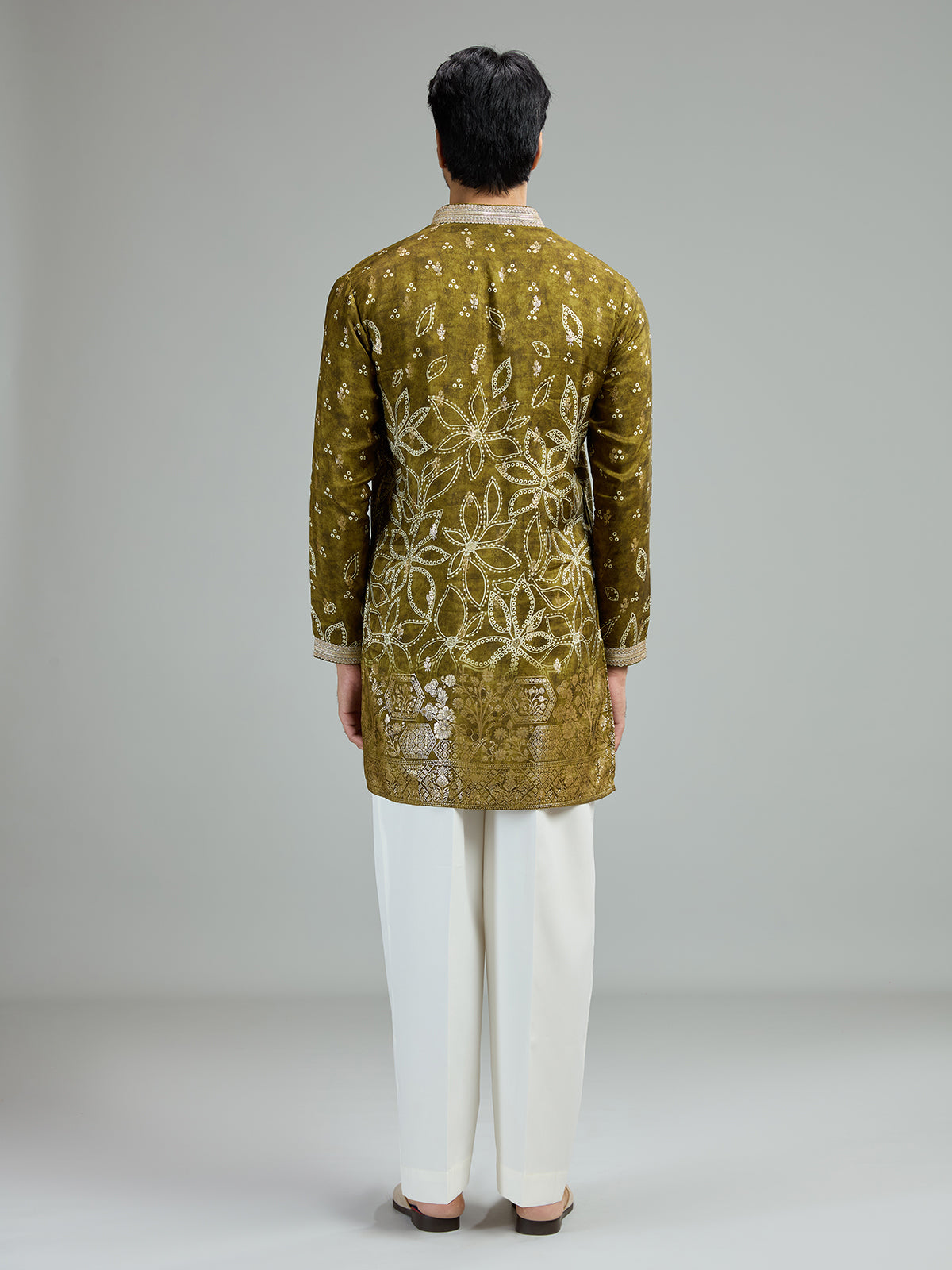 Mehendi green mens floral zari kurta suit