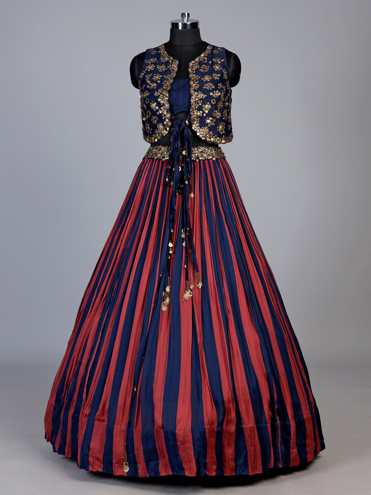 Rust blue striped jacket lehenga choli for women