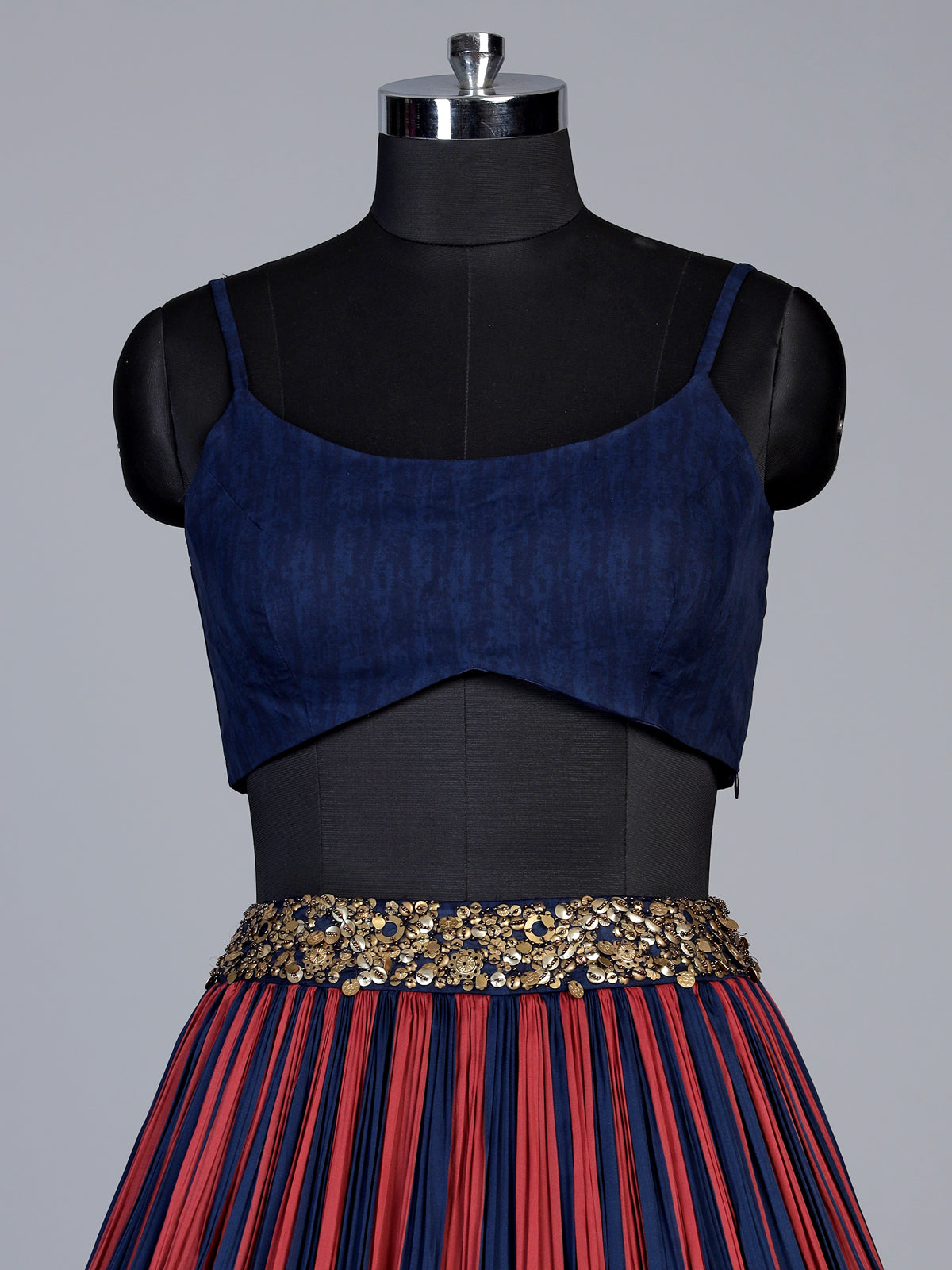 Rust blue striped jacket lehenga choli for women