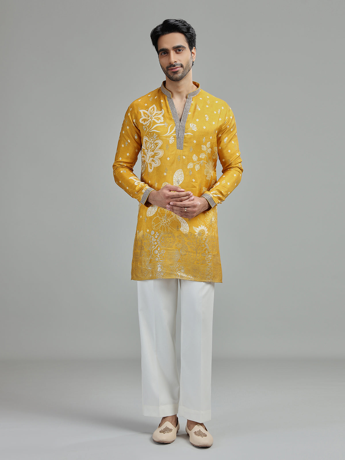 Yellow mens botanical zari kurta suit