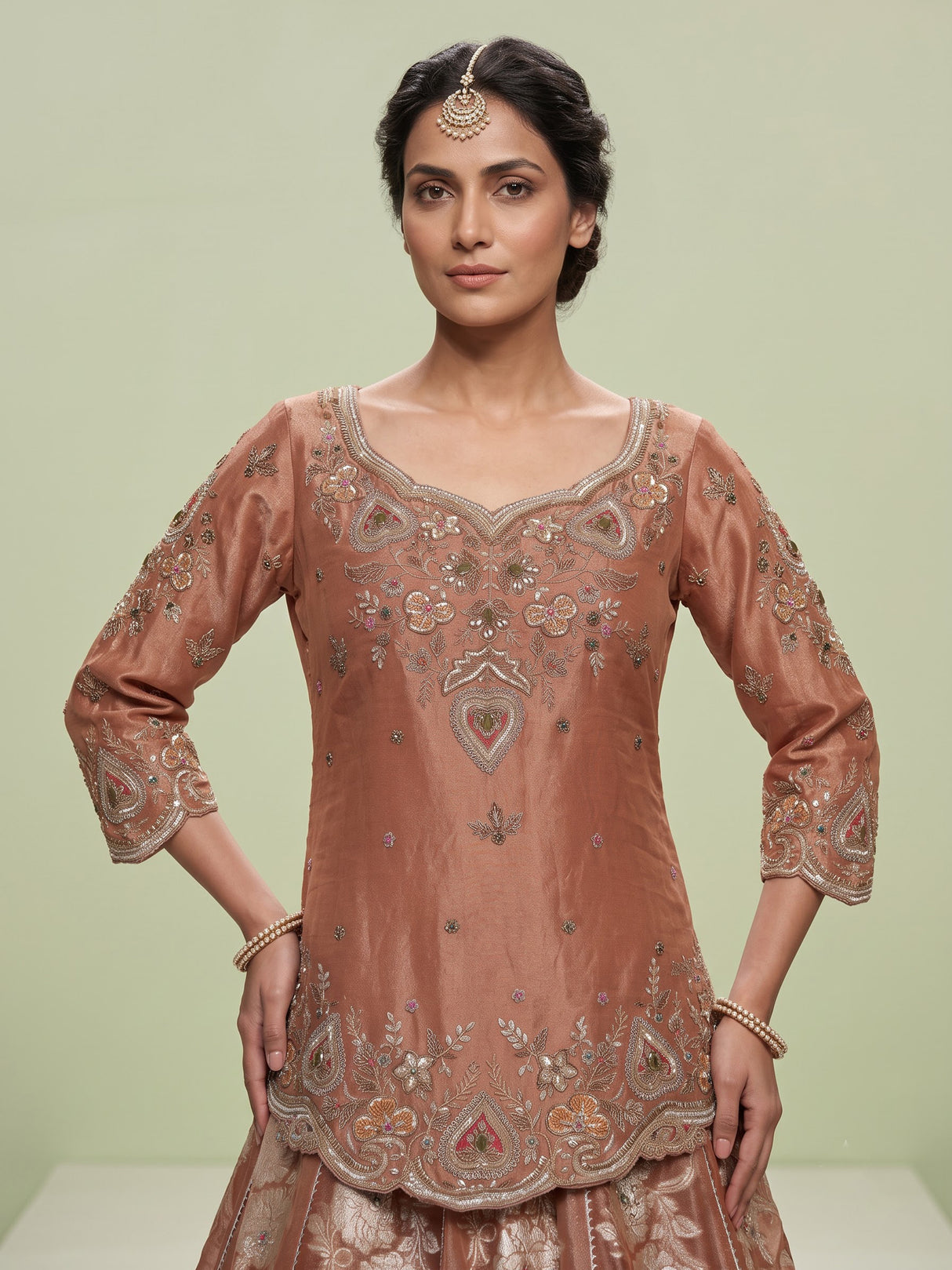 Rust peach jharokha zardozi lehenga choli for women