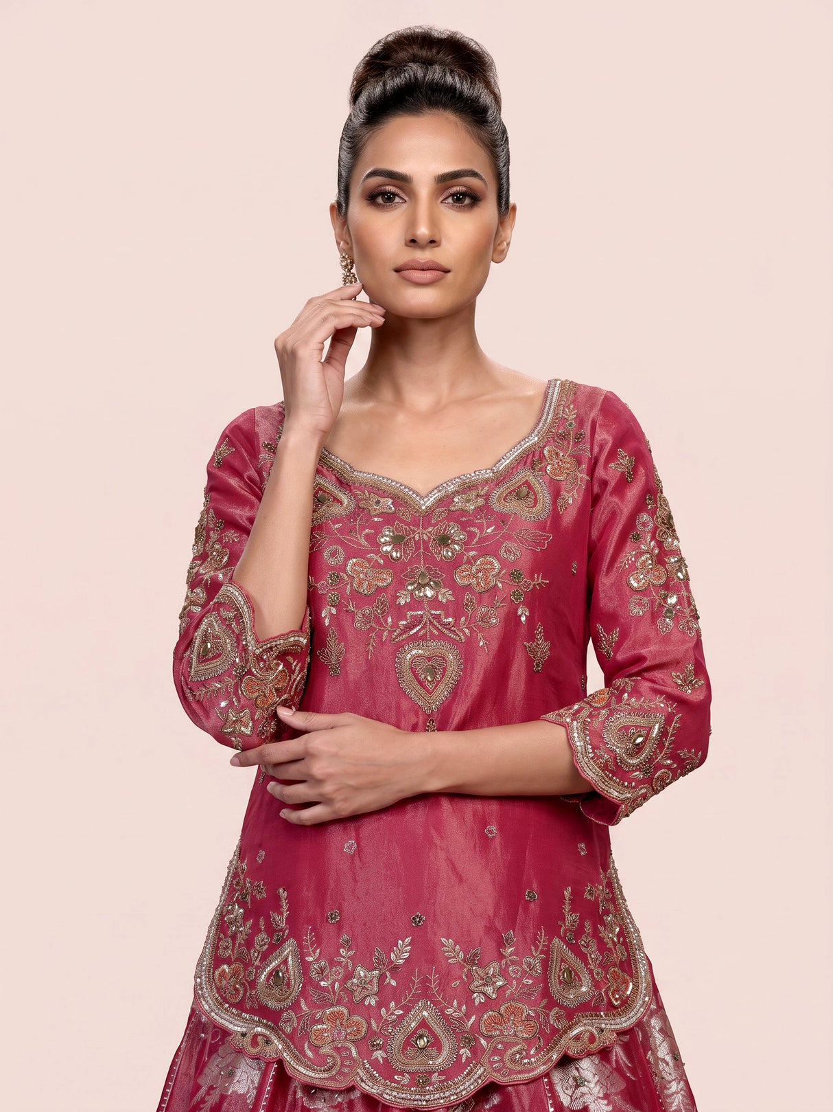 Rani pink jharokha embroidered lehenga choli for women