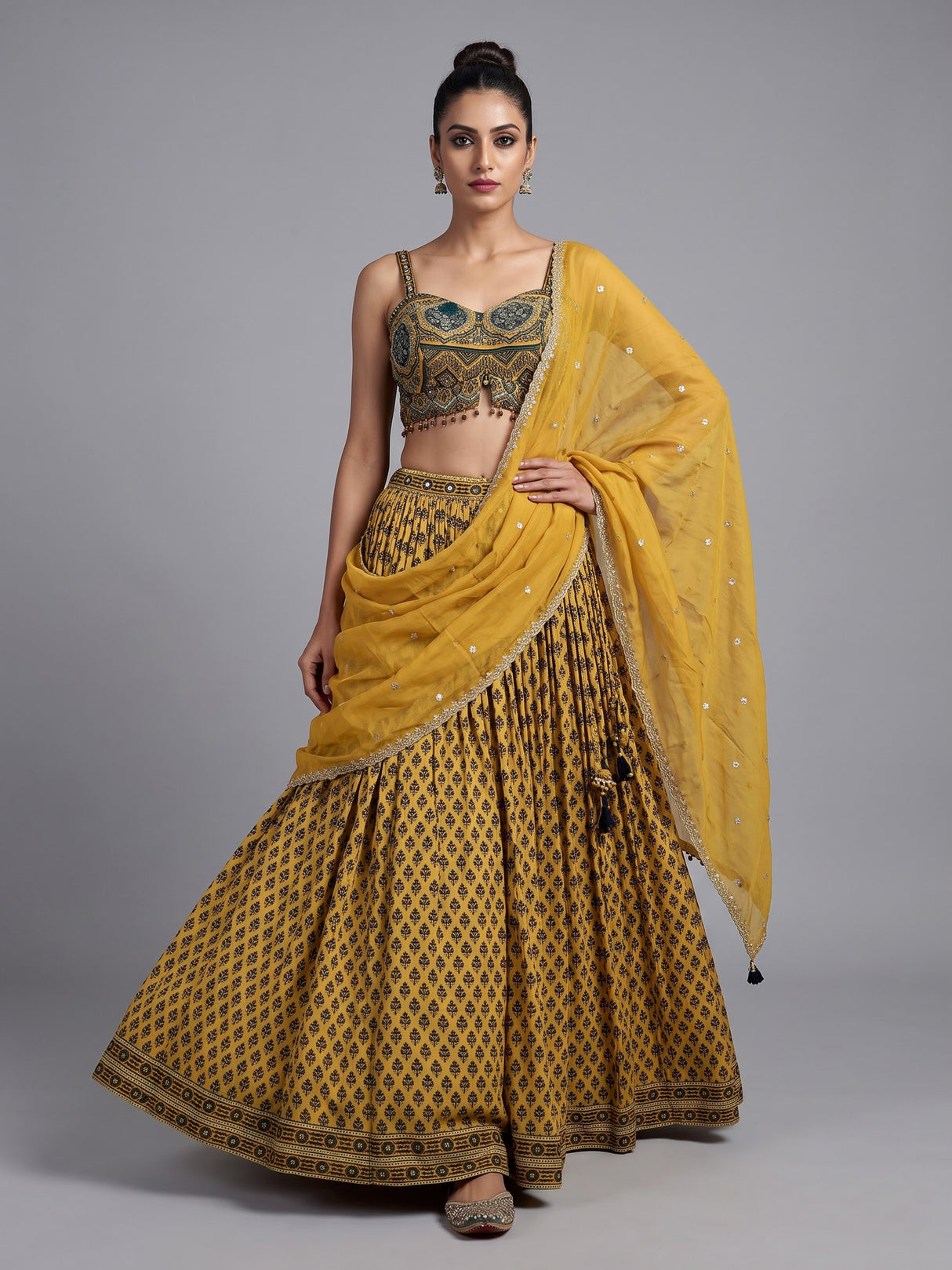 Mustard gold printed sequin lehenga choli for women