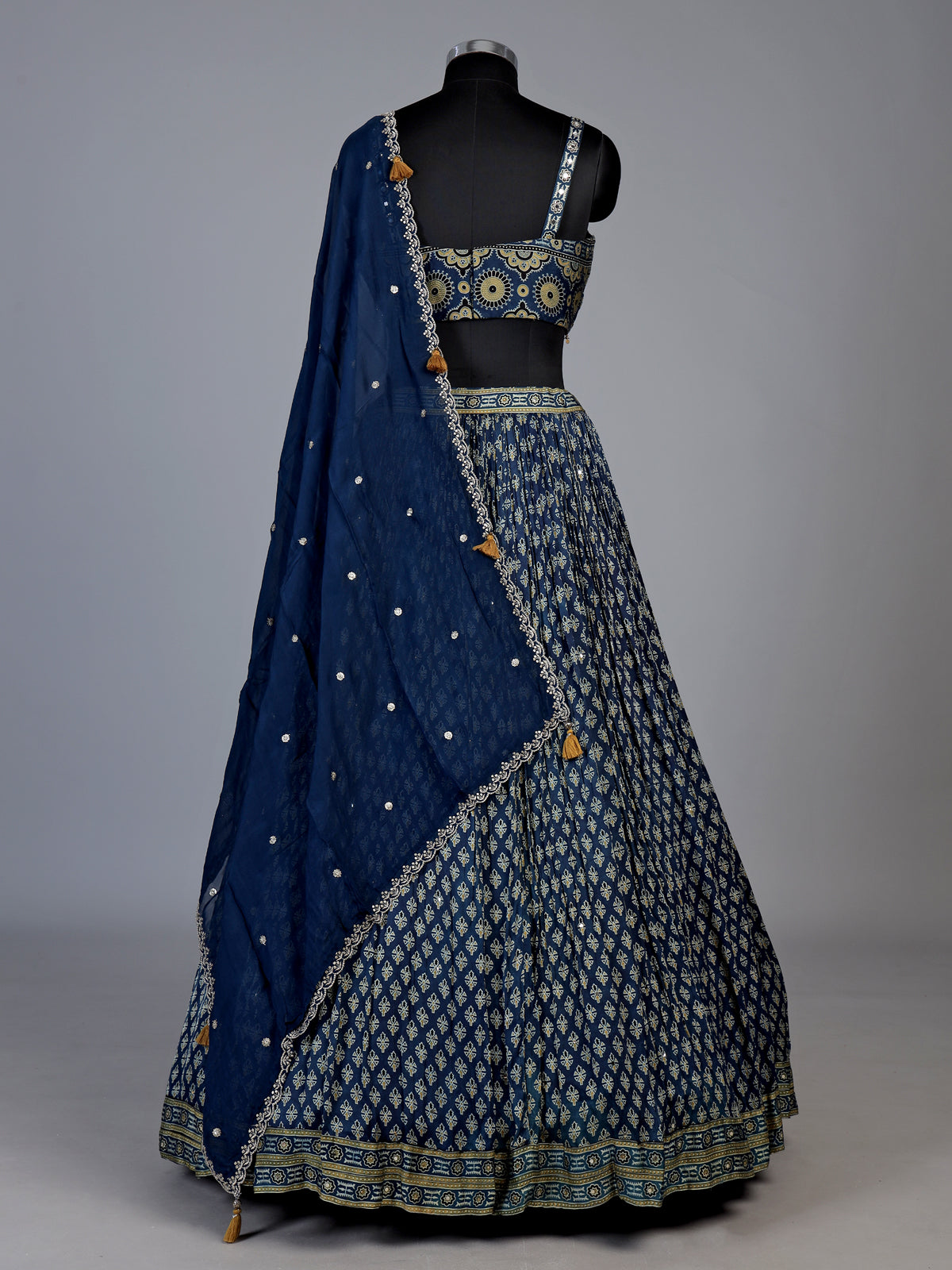Blue ethnic print corset lehenga choli for women