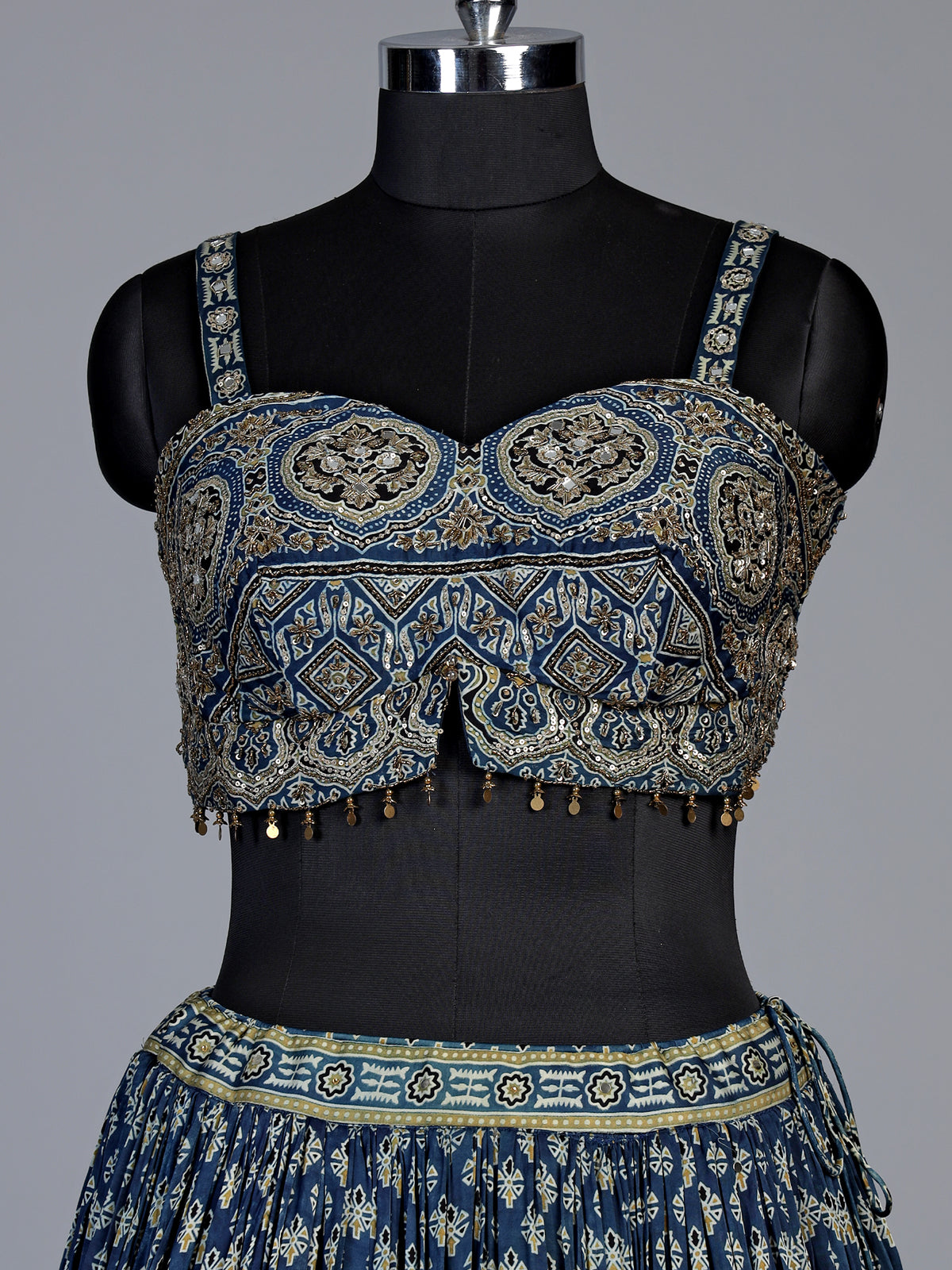 Blue ethnic print corset lehenga choli for women