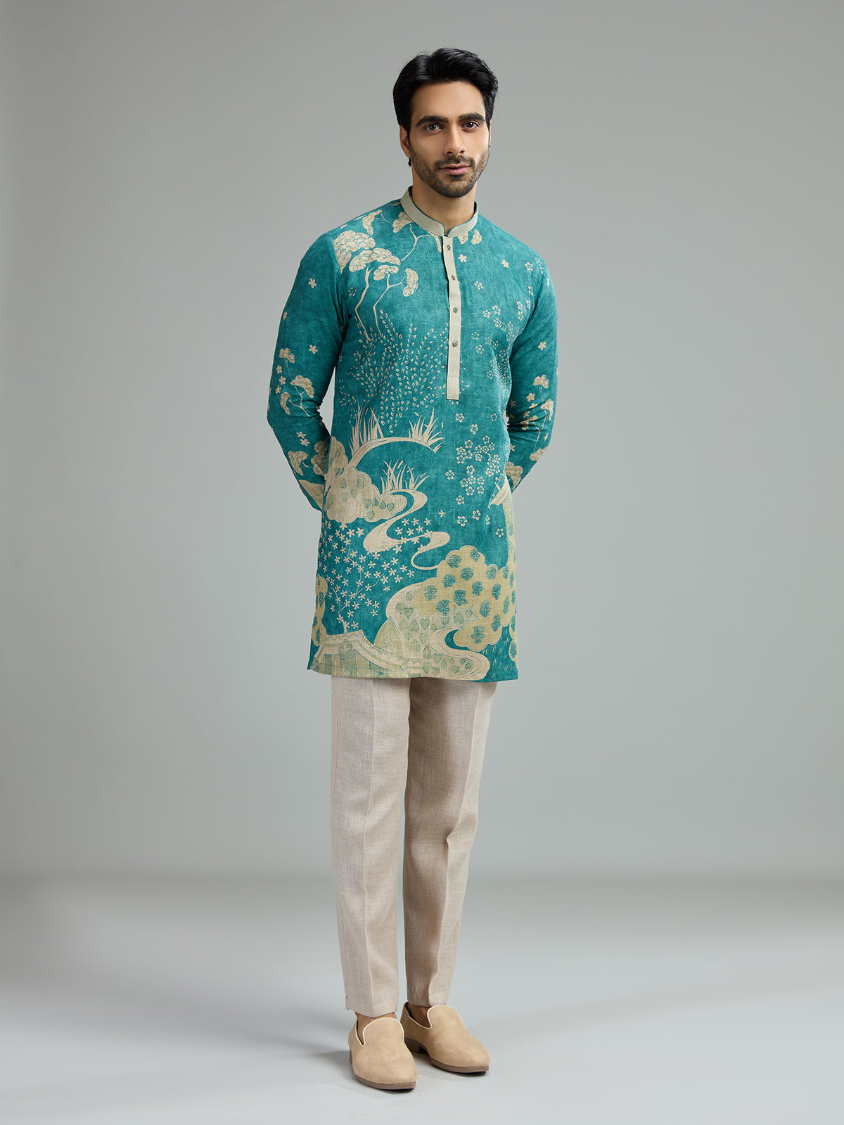 Turquoise blue mens vintage floral kurta suit