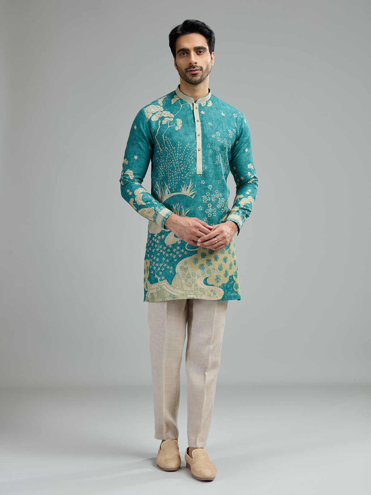 Turquoise blue mens vintage floral kurta suit
