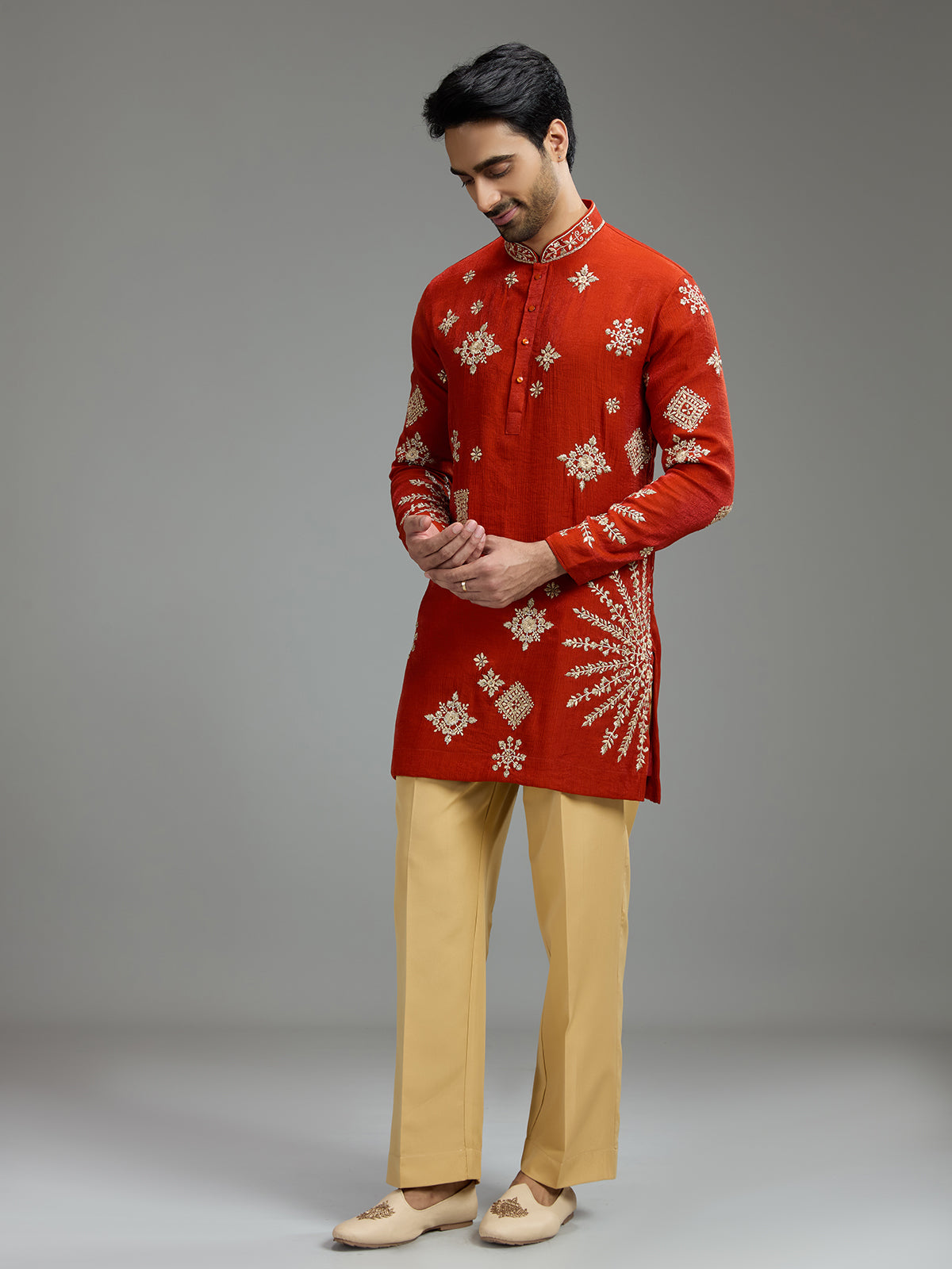 Crimson red mens geometric aabla kurta suit