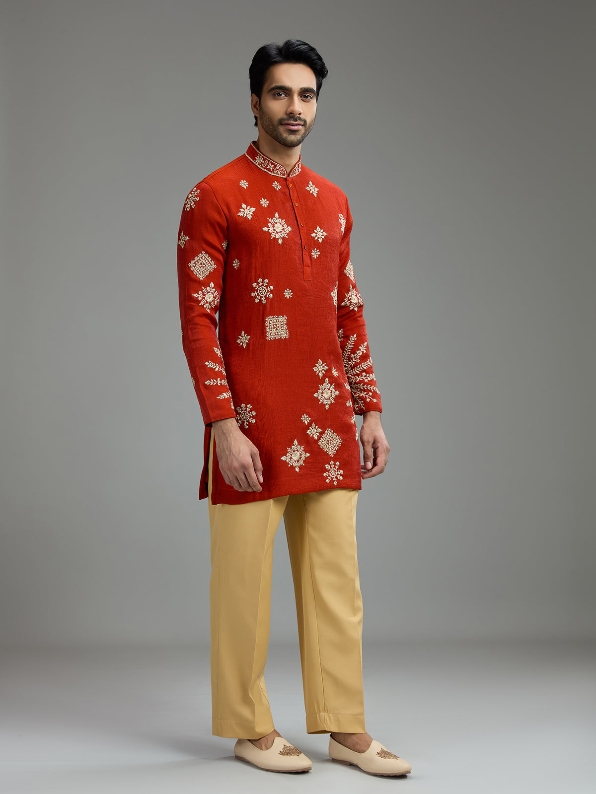Crimson red mens geometric aabla kurta suit