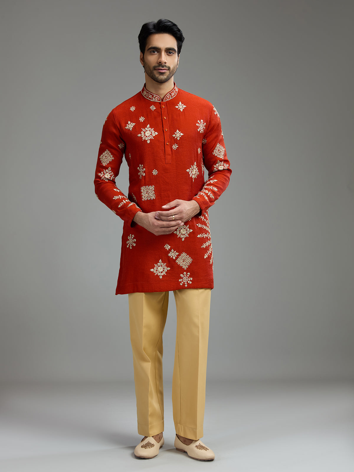 Crimson red mens geometric aabla kurta suit