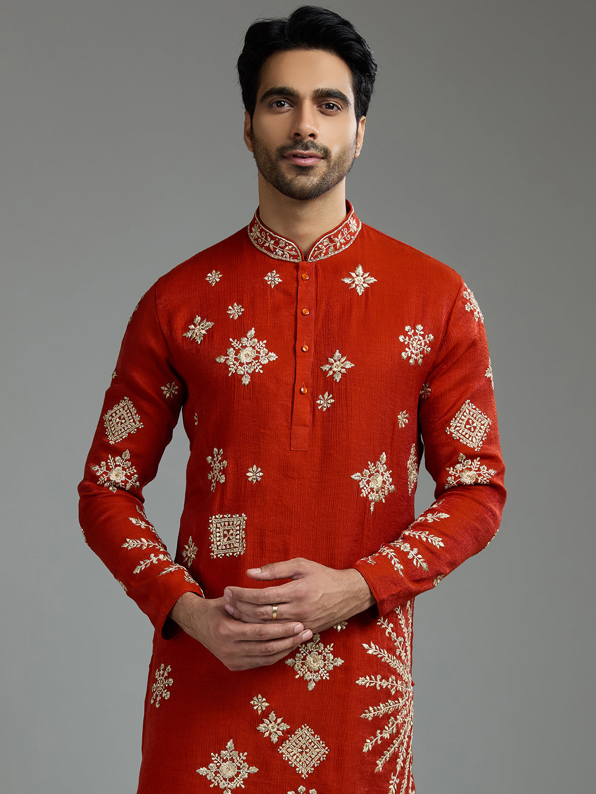 Crimson red mens geometric aabla kurta suit