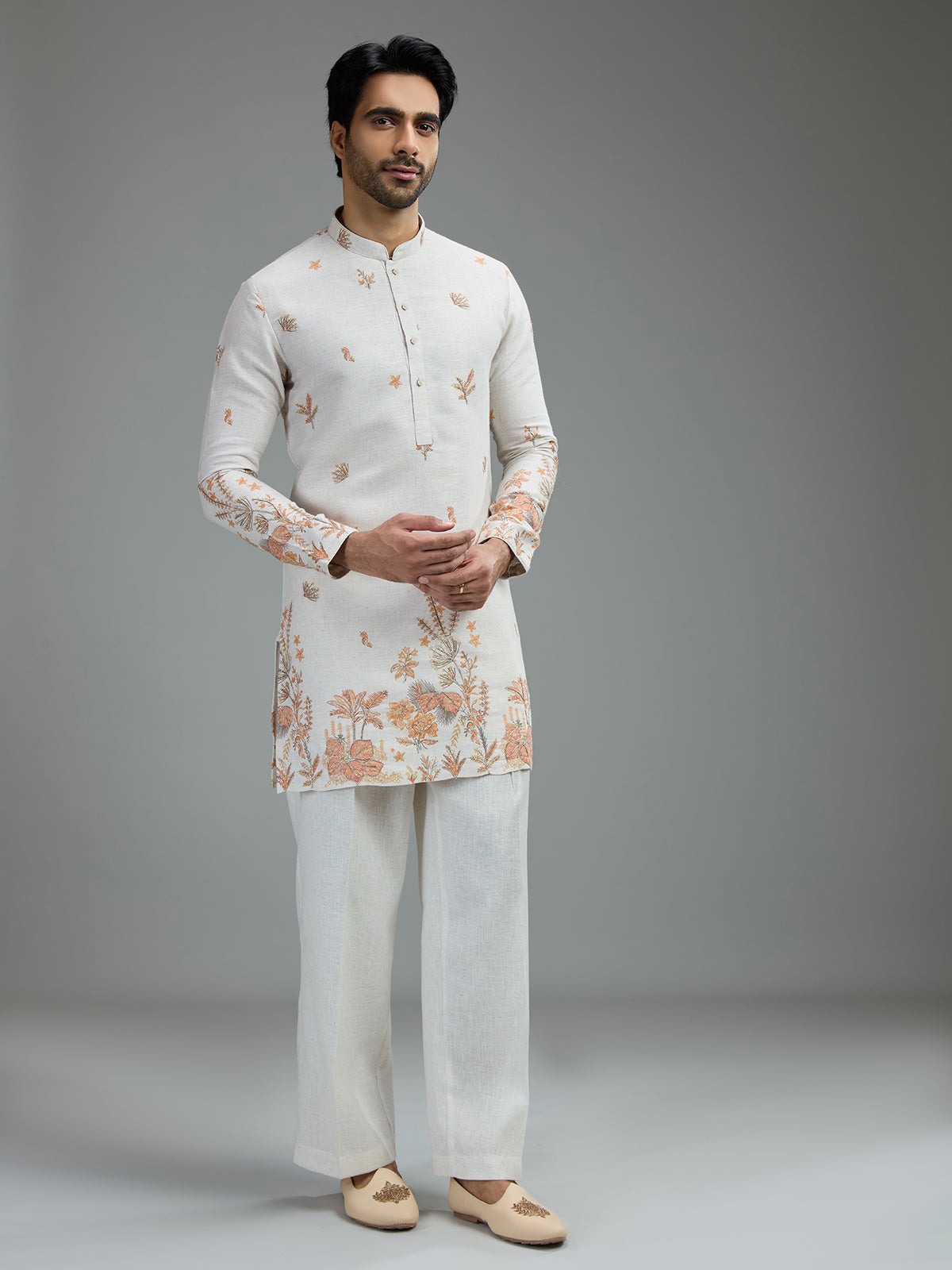 Cream mens botanical resham kurta suit