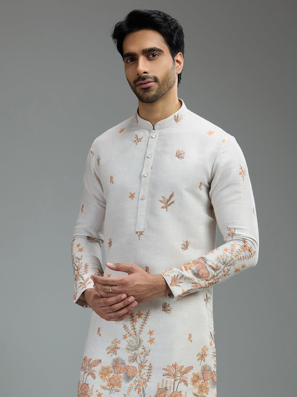 Cream mens botanical resham kurta suit