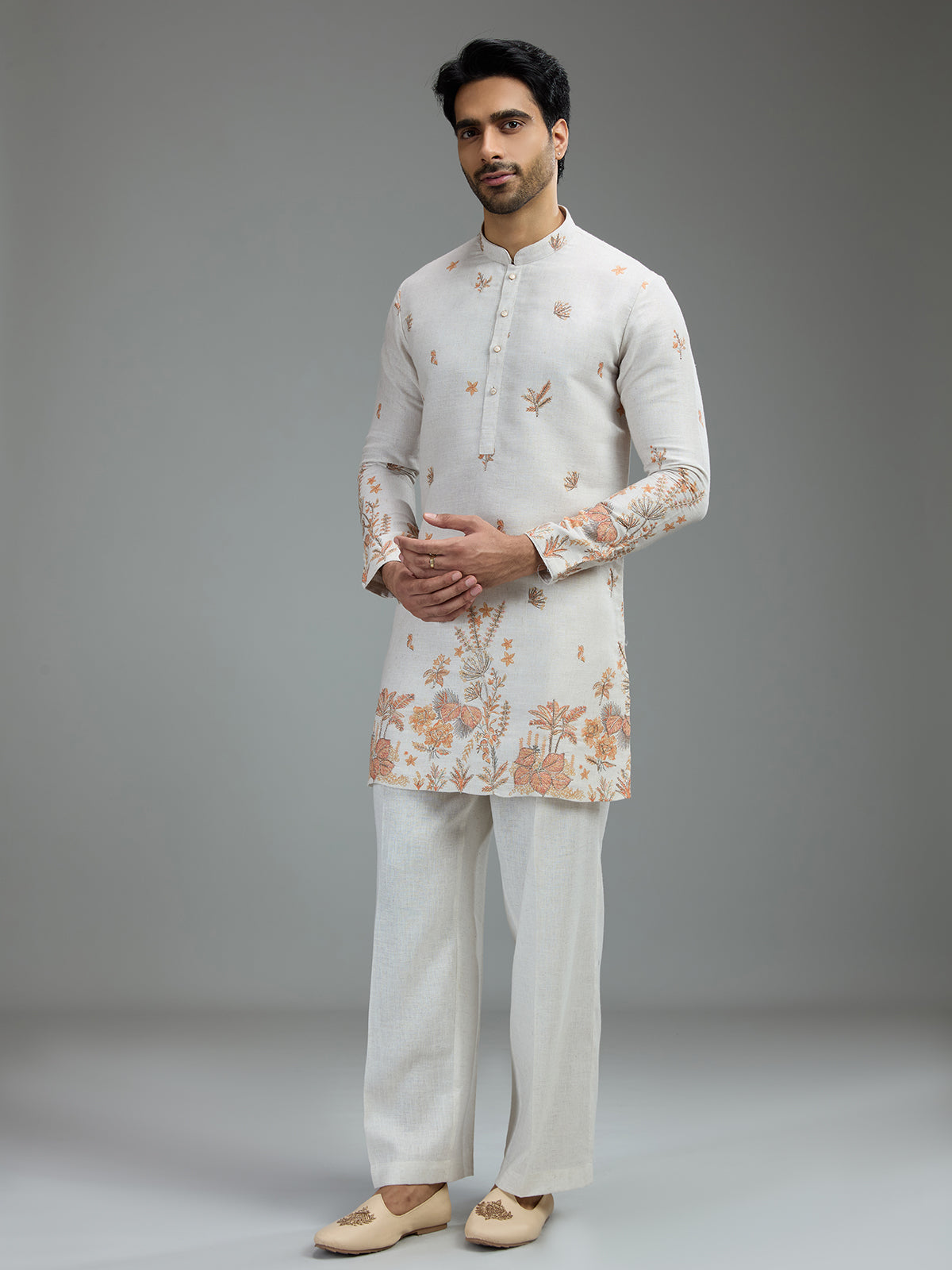 Cream mens botanical resham kurta suit