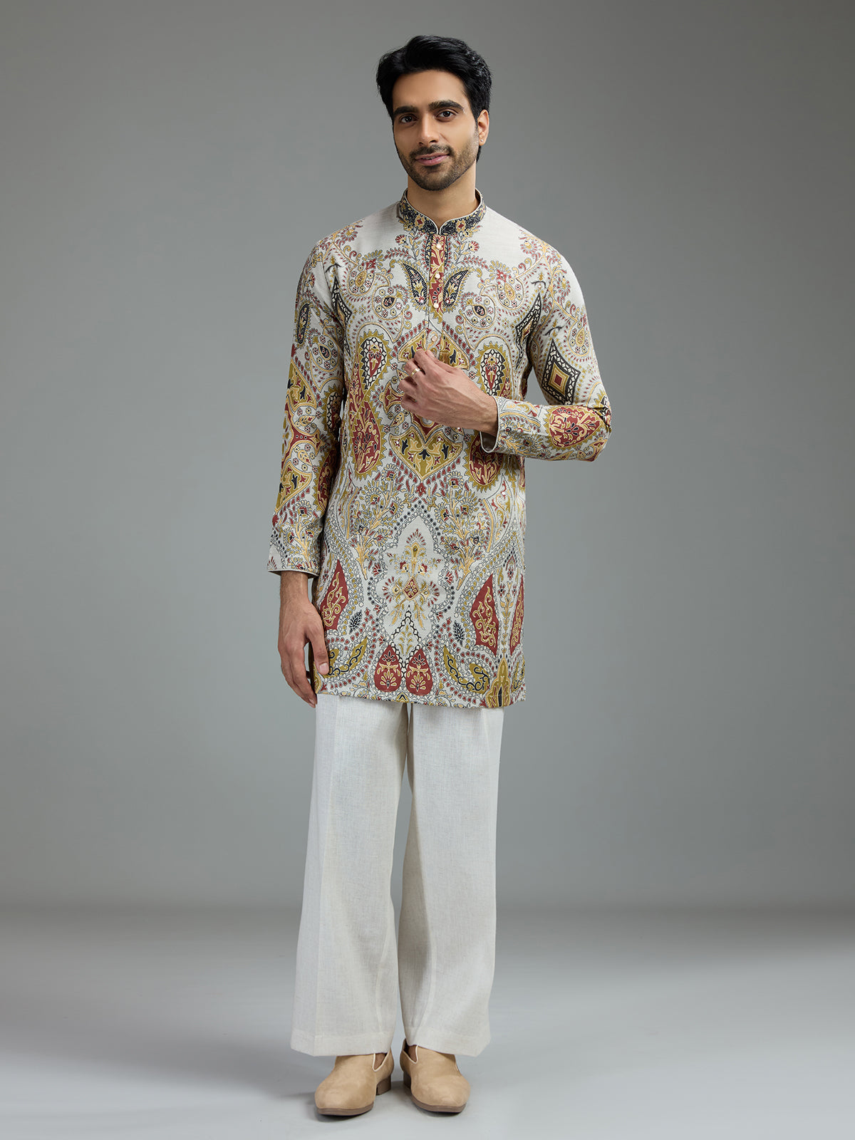 Cream mens kashmiri pattern kurta suit