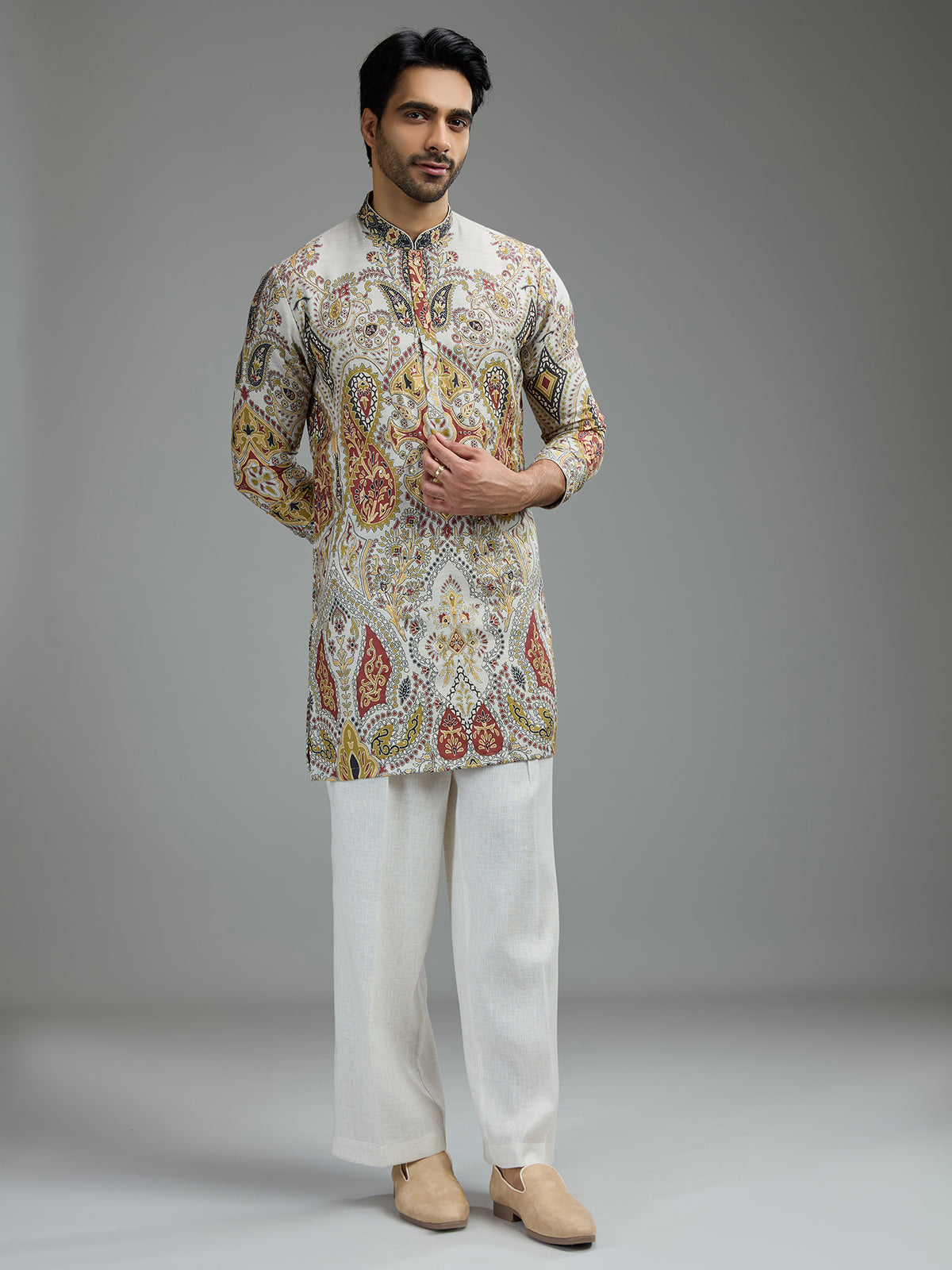 Cream mens kashmiri pattern kurta suit