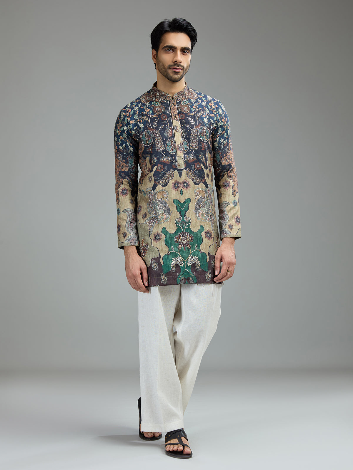 Blue and beige mens heritage batik kurta suit