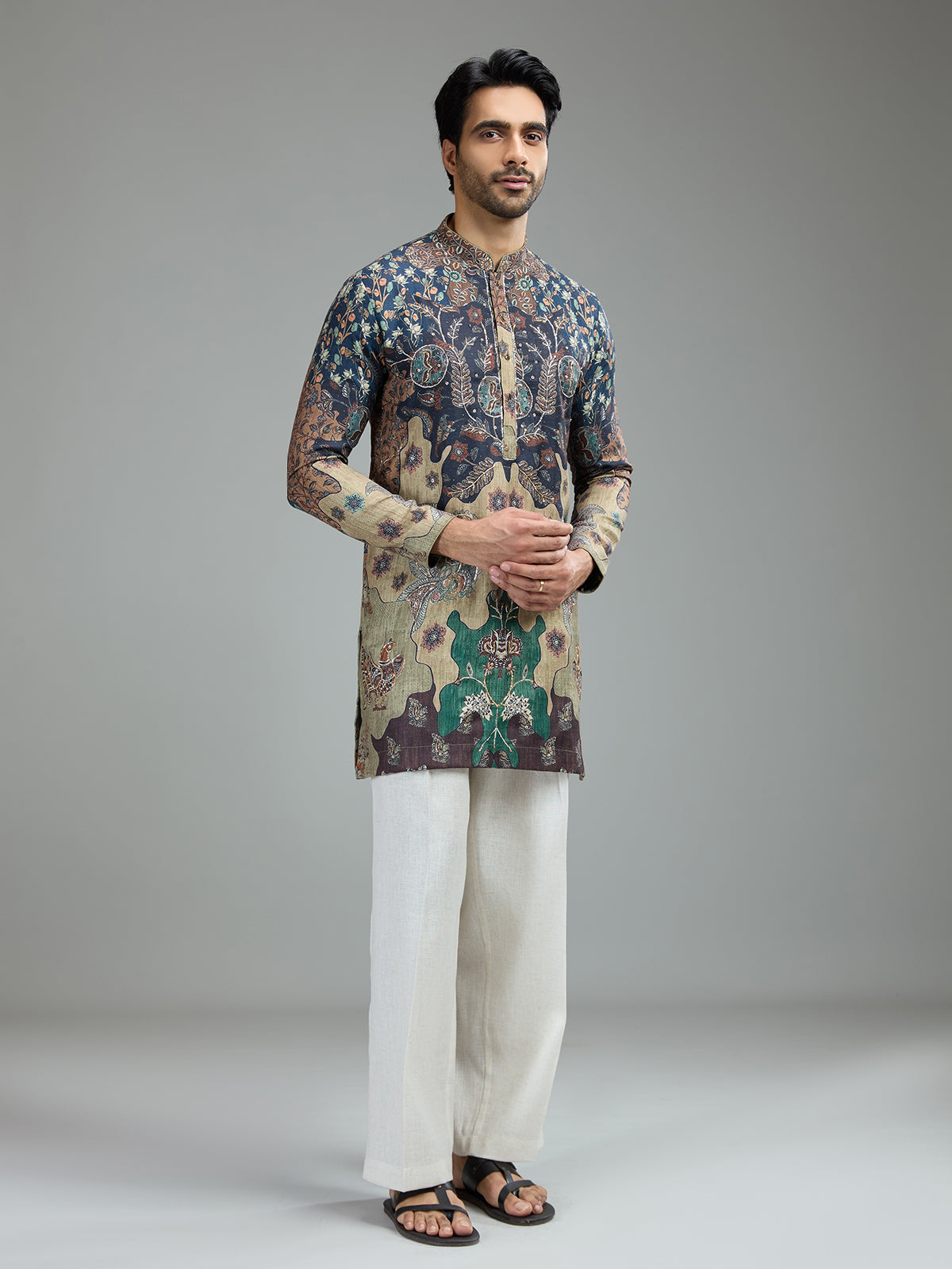 Blue and beige mens heritage batik kurta suit
