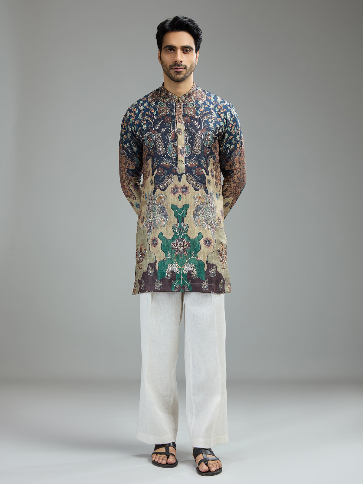 Blue and beige mens heritage batik kurta suit