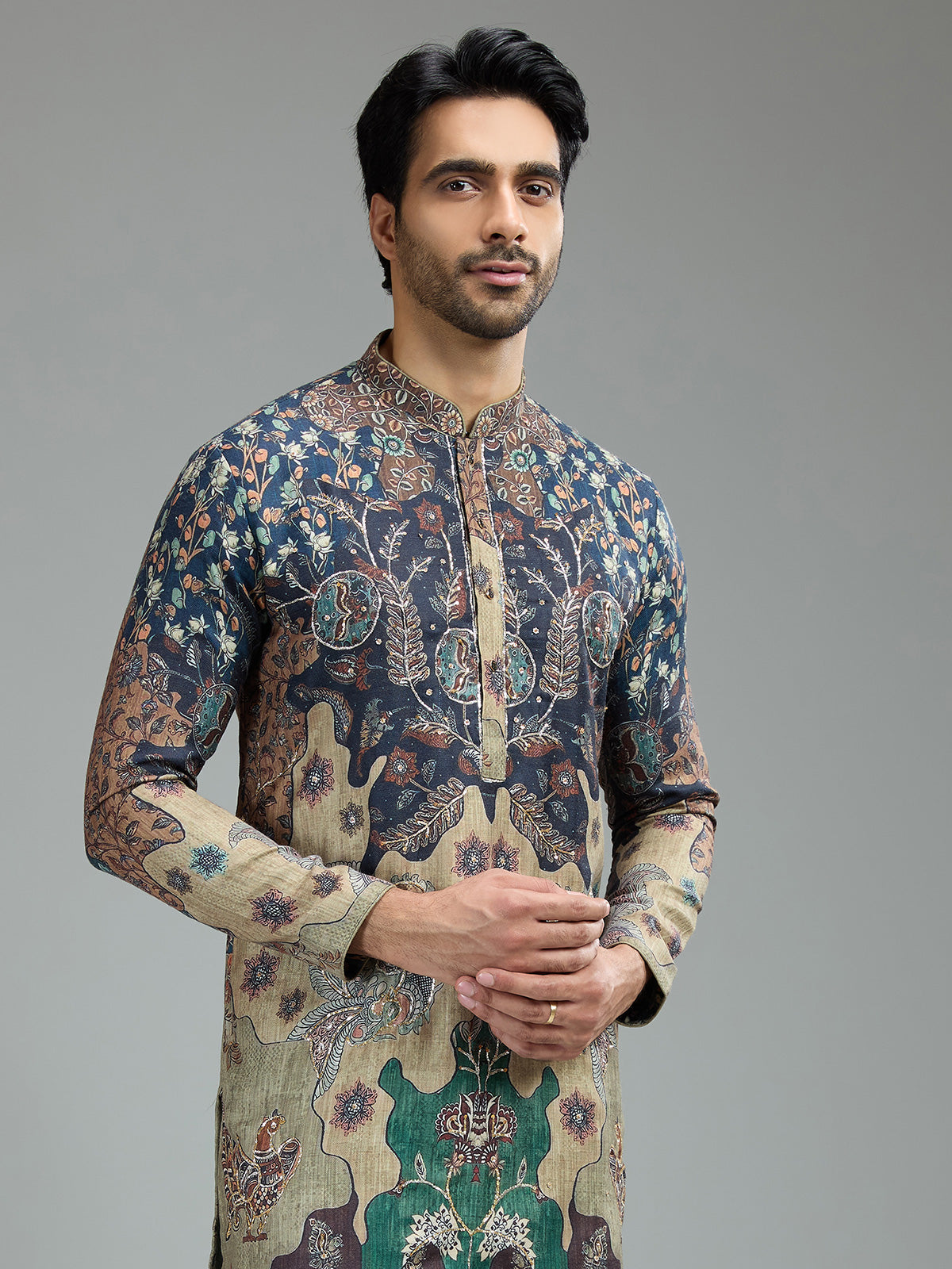 Blue and beige mens heritage batik kurta suit