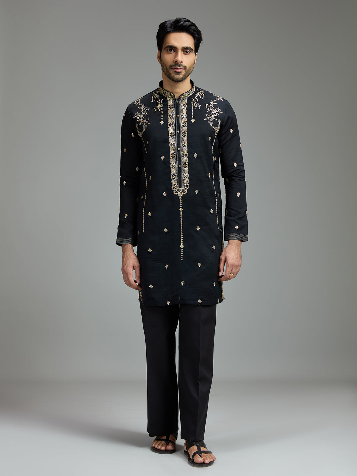 Black mens chanderi floral kurta suit
