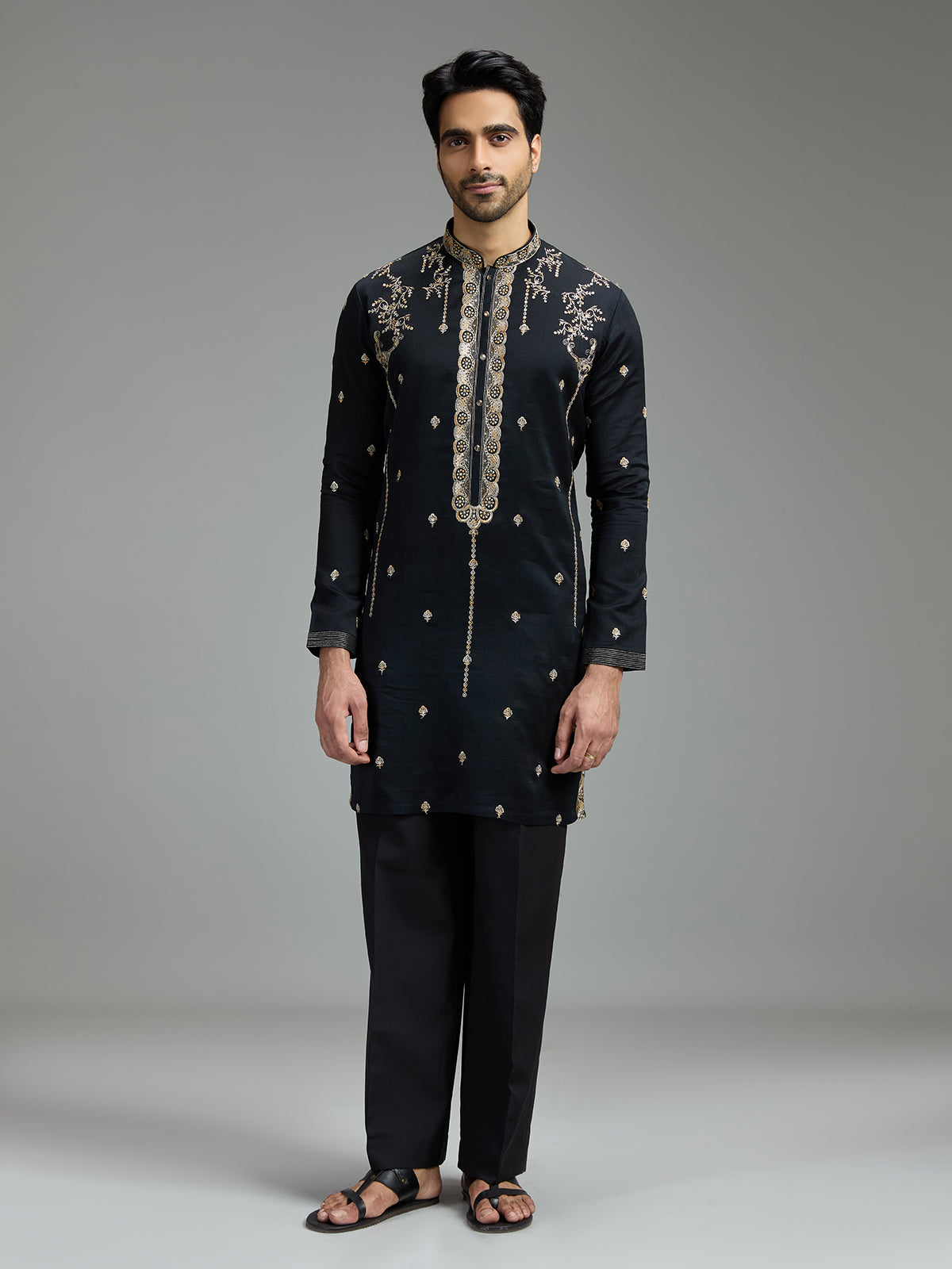 Black mens chanderi floral kurta suit