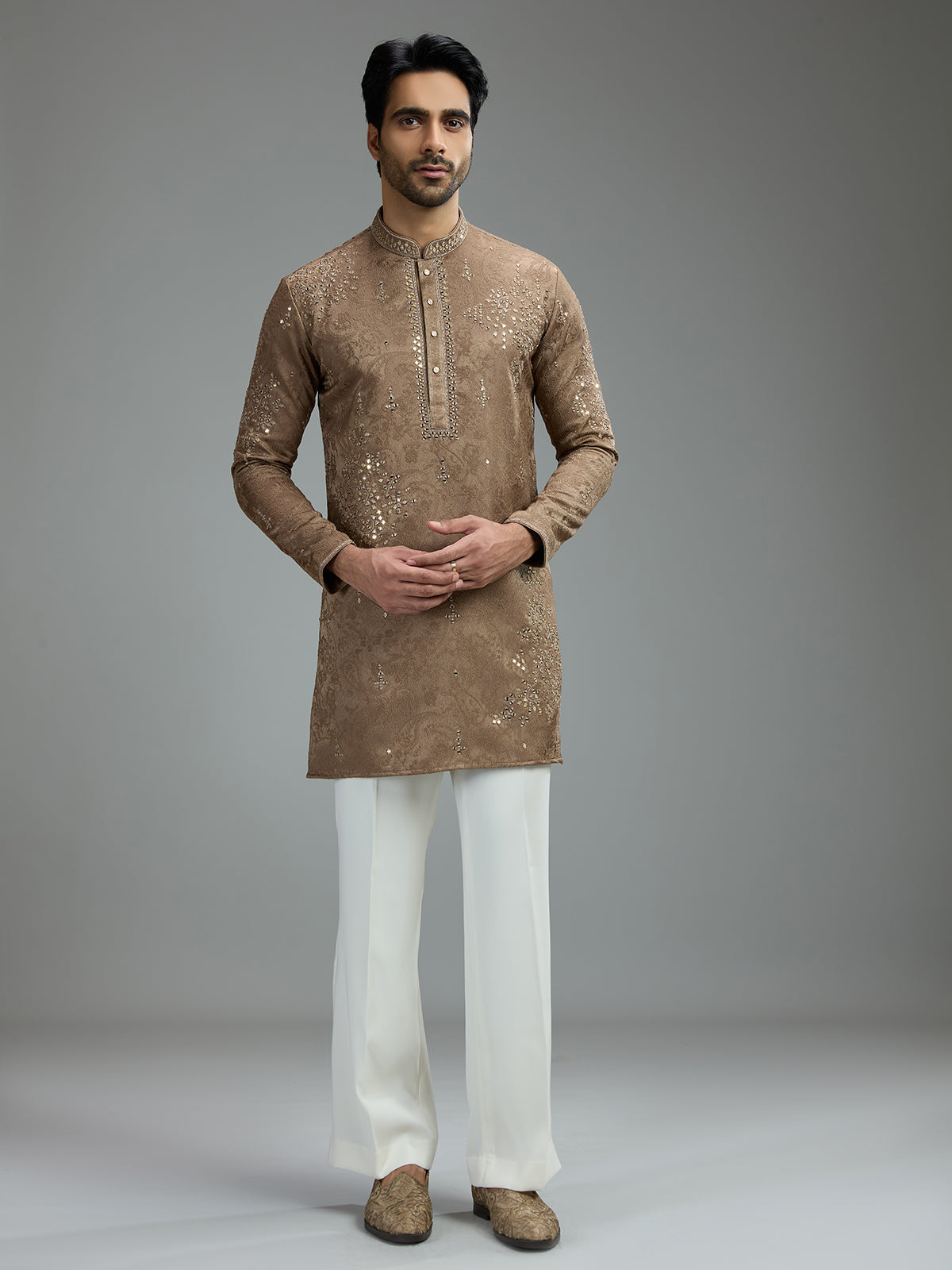 Taupe brown mens aabla embroidered kurta suit