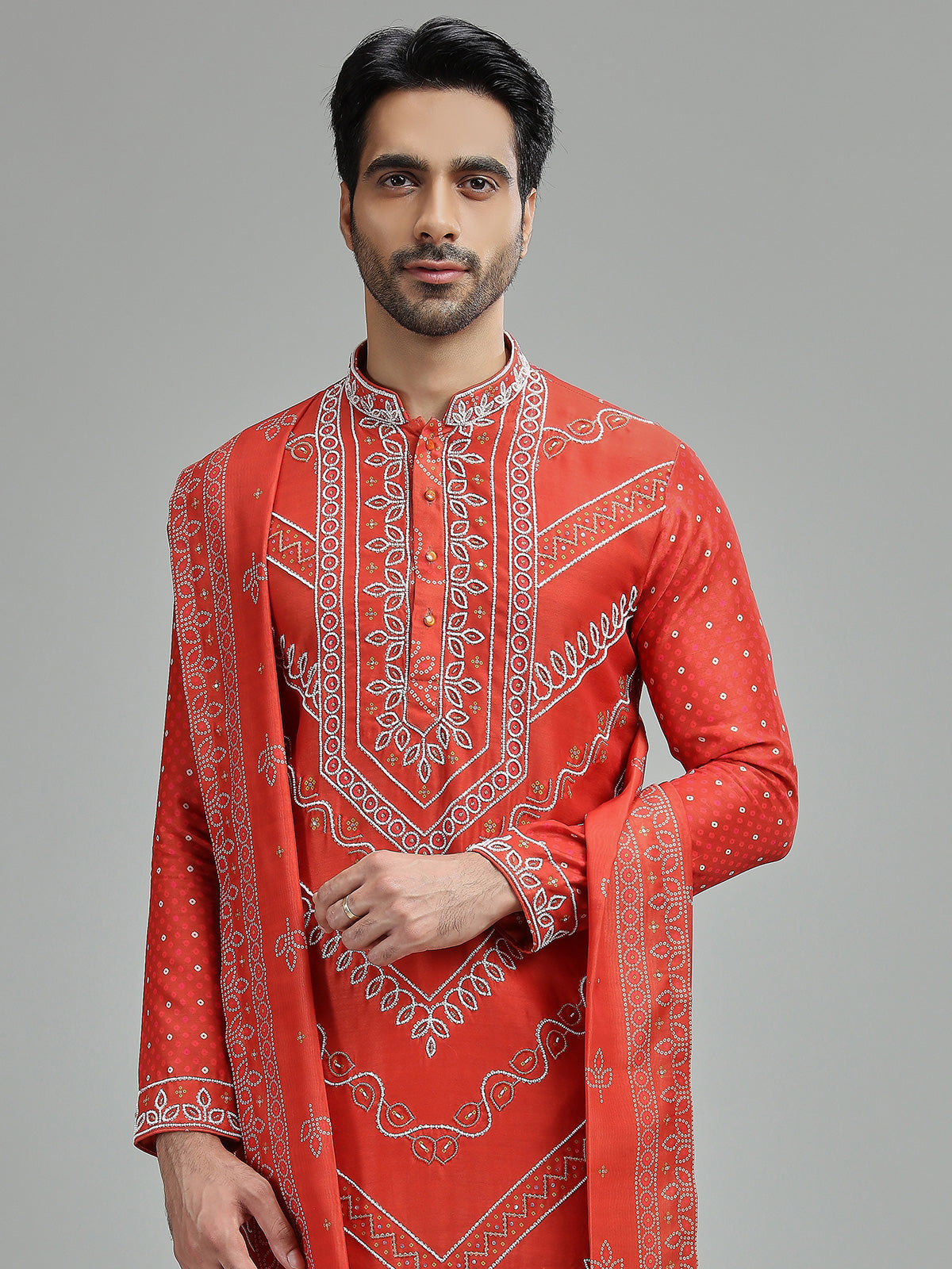 Coral orange mens chevron bandhani kurta suit
