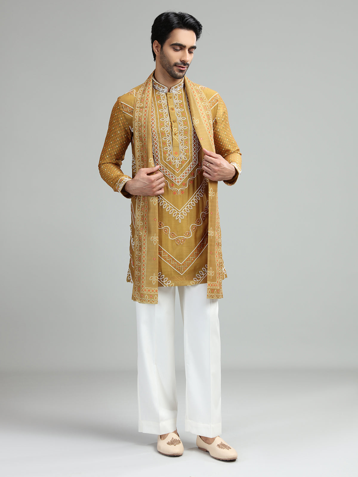 Mehendi mustard yellow mens festive bandhani kurta suit