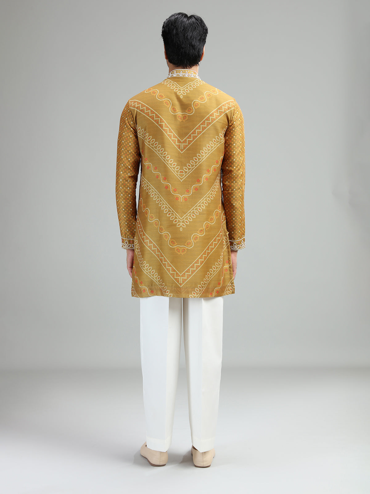 Mehendi mustard yellow mens festive bandhani kurta suit