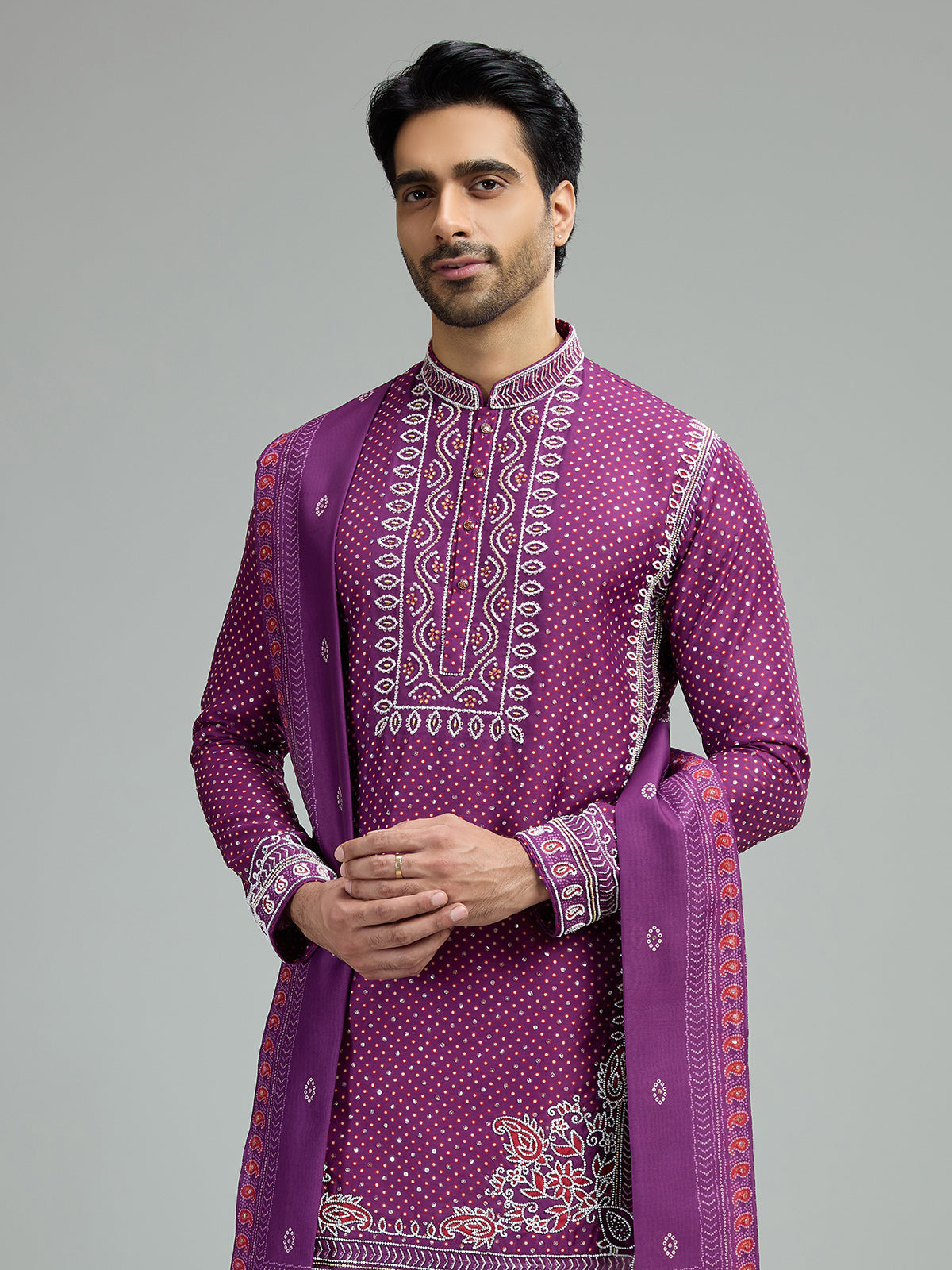 Plum purple mens mughal bandhani kurta suit