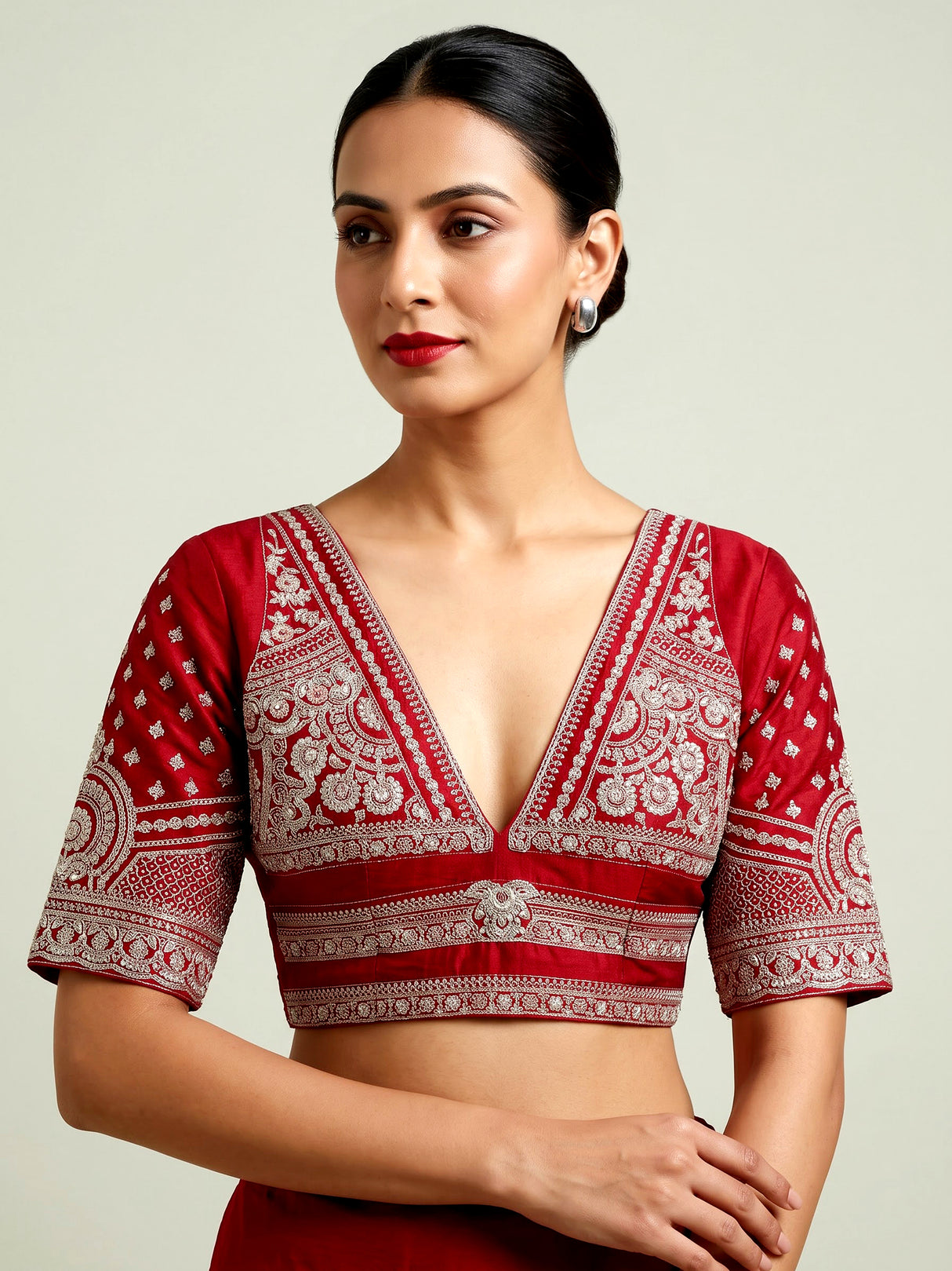 Red raw silk unstitched lehenga choli with intricate zardosi detailing
