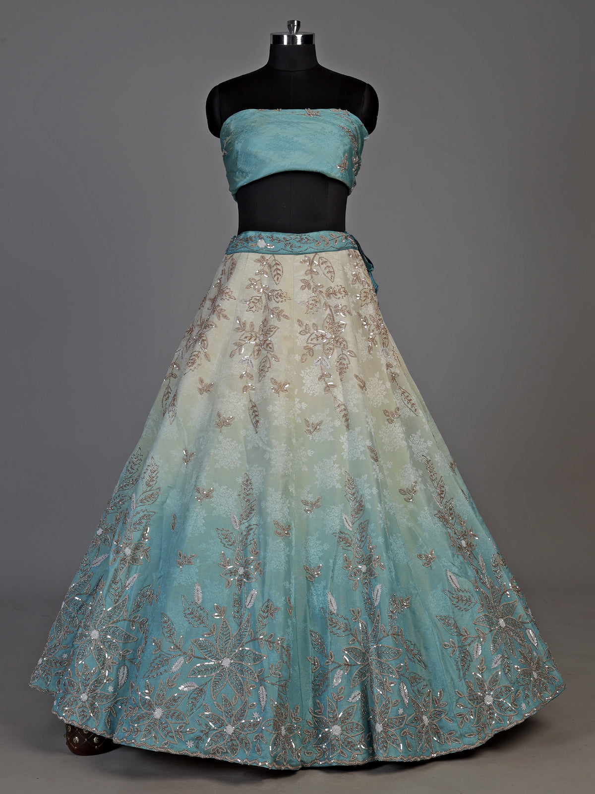 Sky blue shaded silk unstitched lehenga choli with zari shimmer