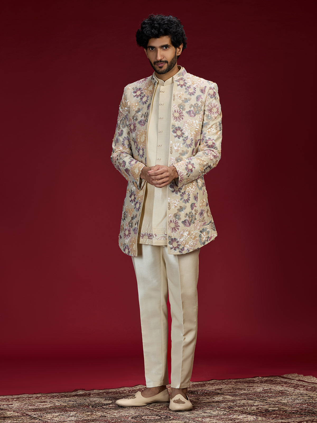 Beige embroidered bandhgala indo western for men