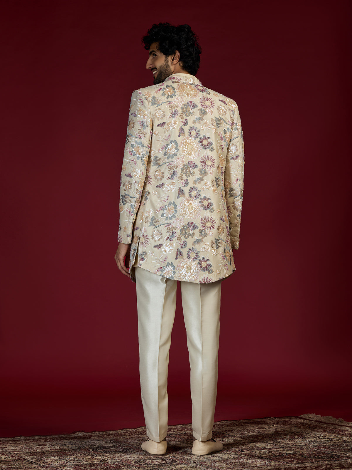 Beige embroidered bandhgala indo western for men