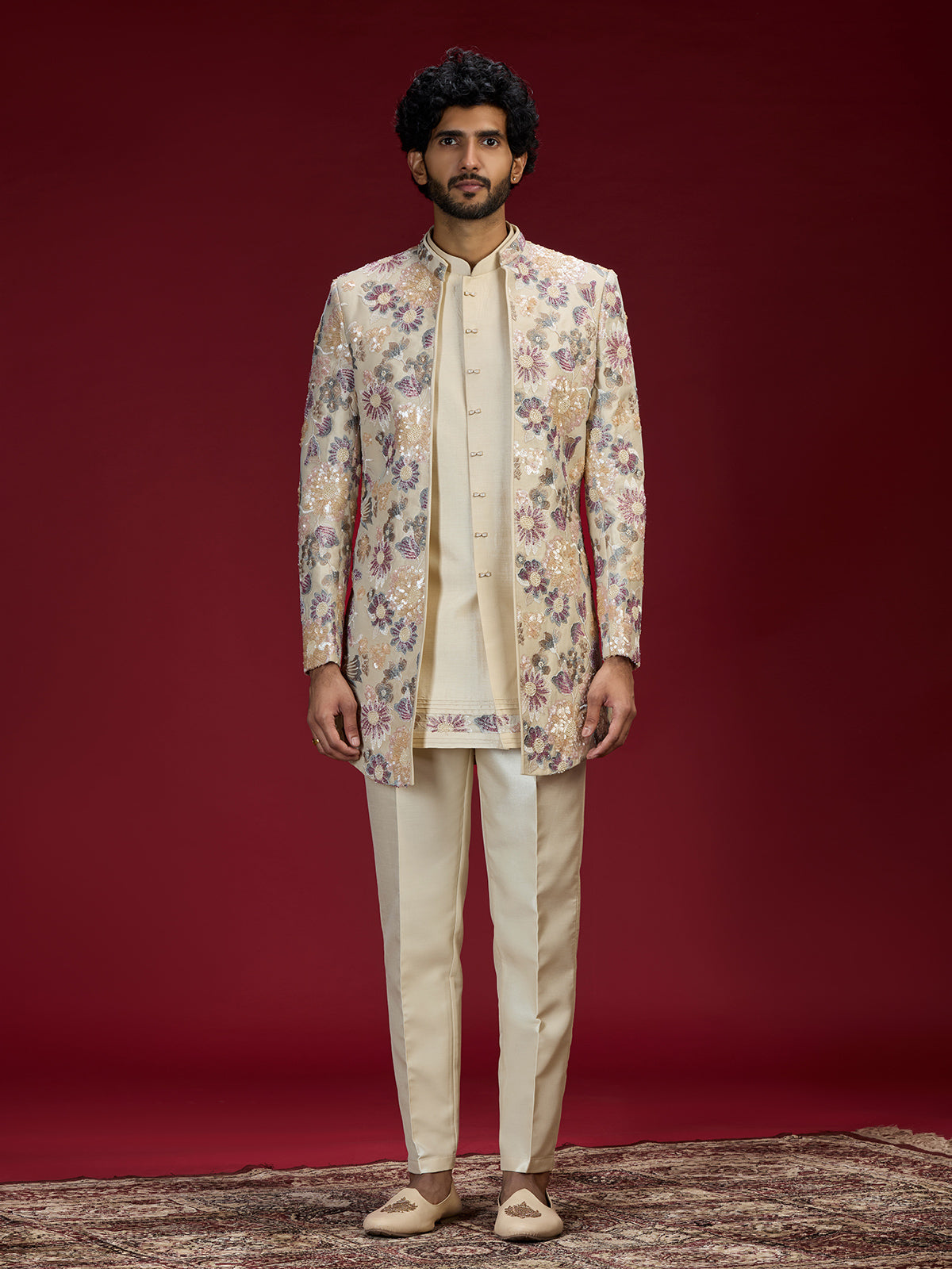 Beige embroidered bandhgala indo western for men