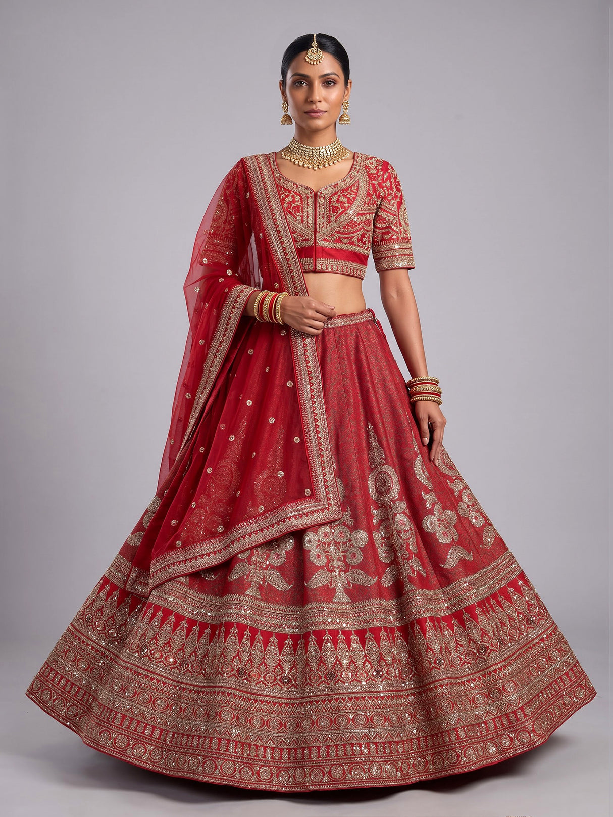 Red silk blend unstitched lehenga choli with pearl embellishments