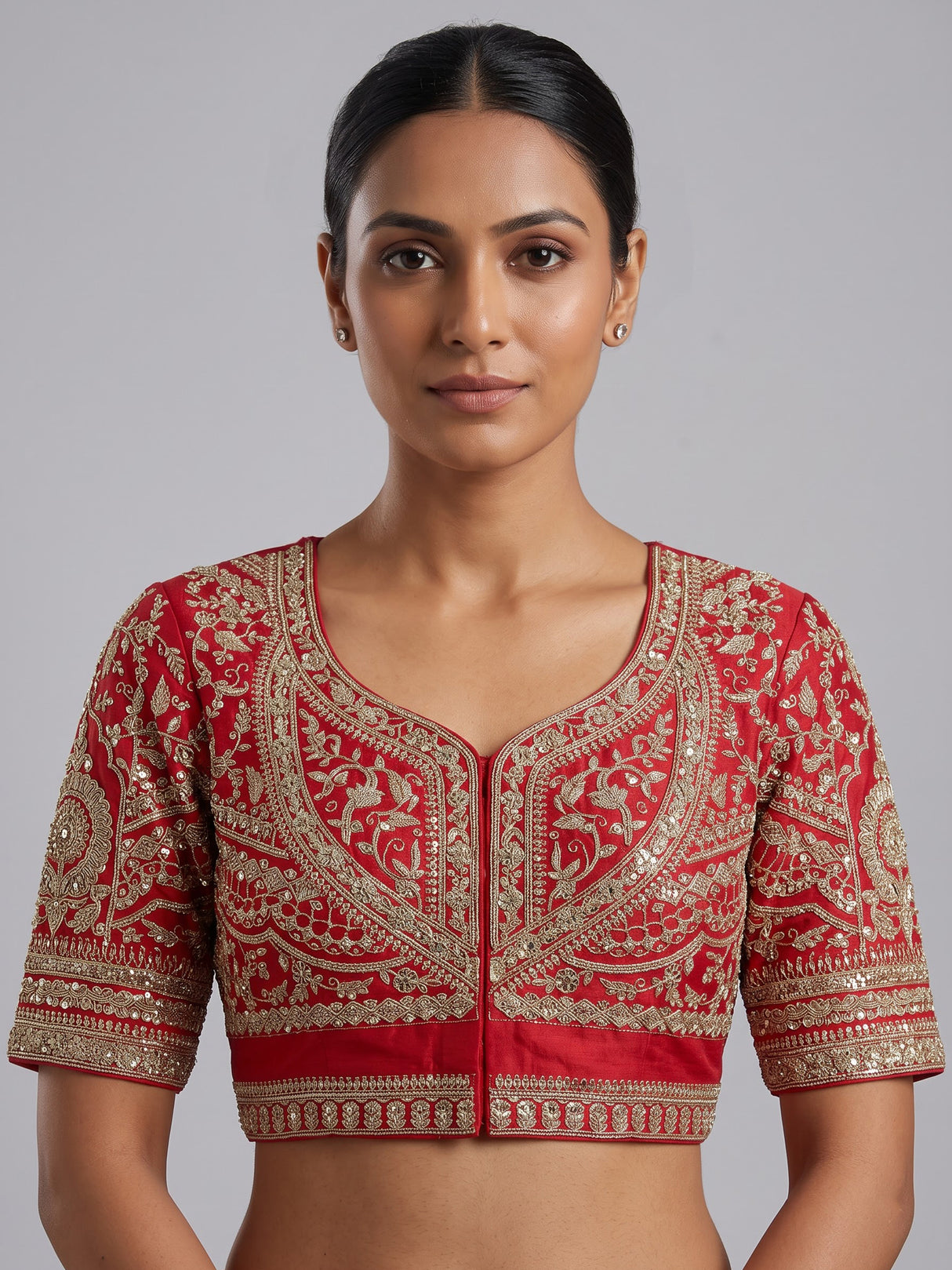 Red silk blend unstitched lehenga choli with pearl embellishments