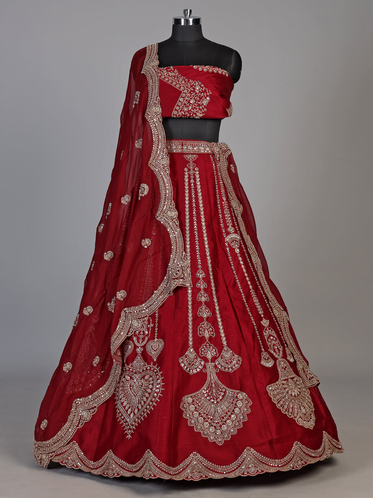 Maroon raw silk unstitched lehenga choli with resham double dupattas