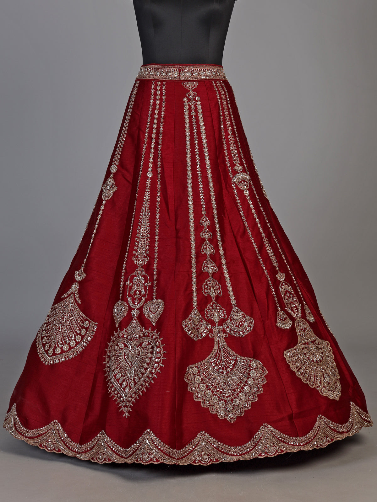 Maroon raw silk unstitched lehenga choli with resham double dupattas
