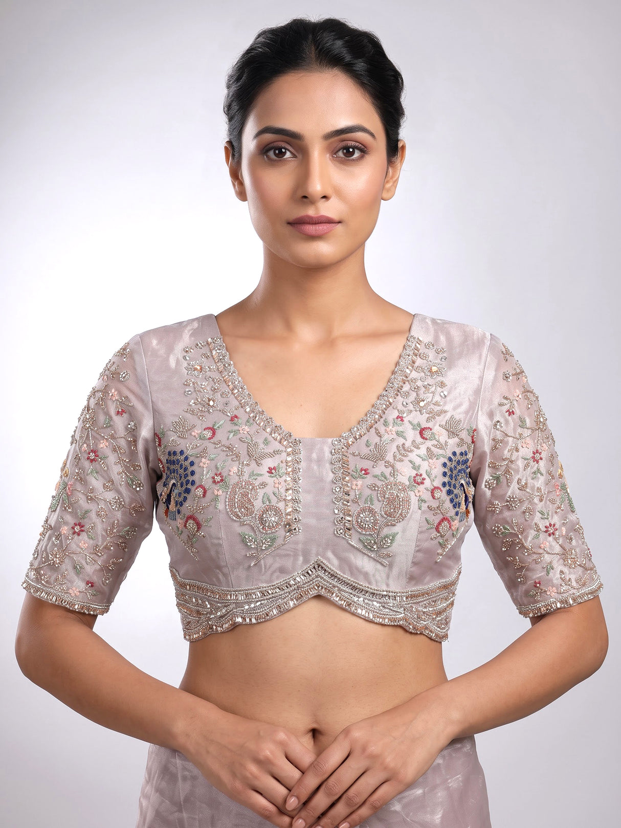 Dusty pink tissue organza unstitched lehenga choli with bird motifs