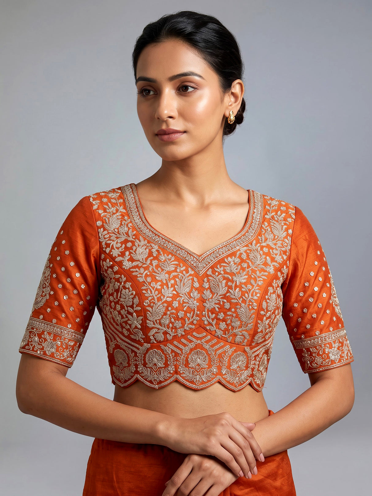 Rust orange raw silk unstitched lehenga choli with pearl accents