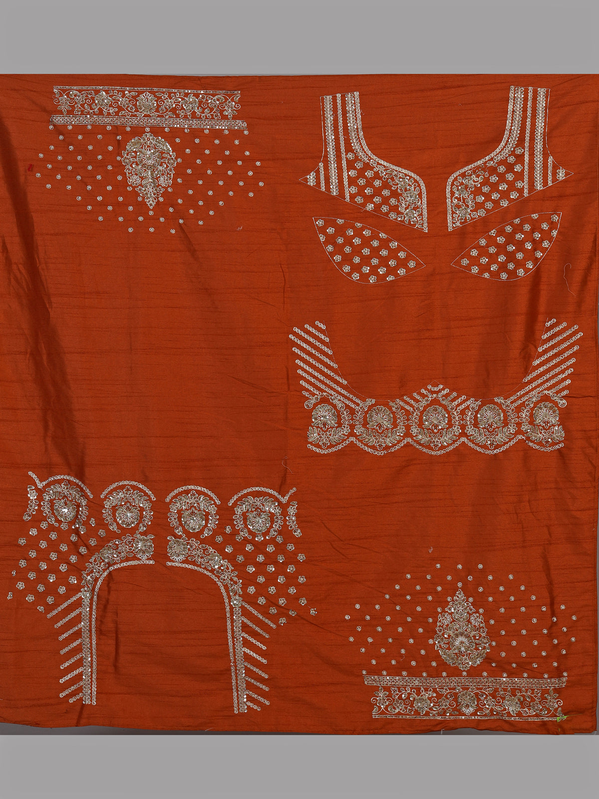 Rust orange raw silk unstitched lehenga choli with pearl accents
