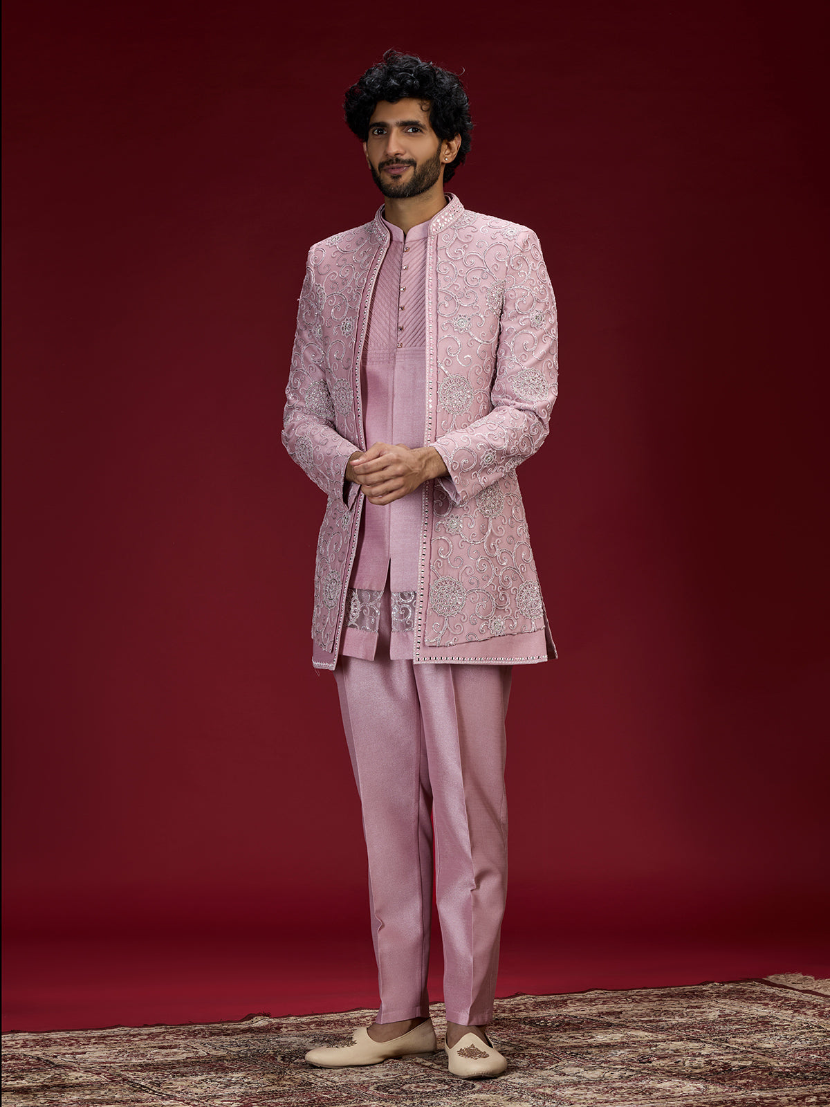 Pink medallion embroidered indo western for men
