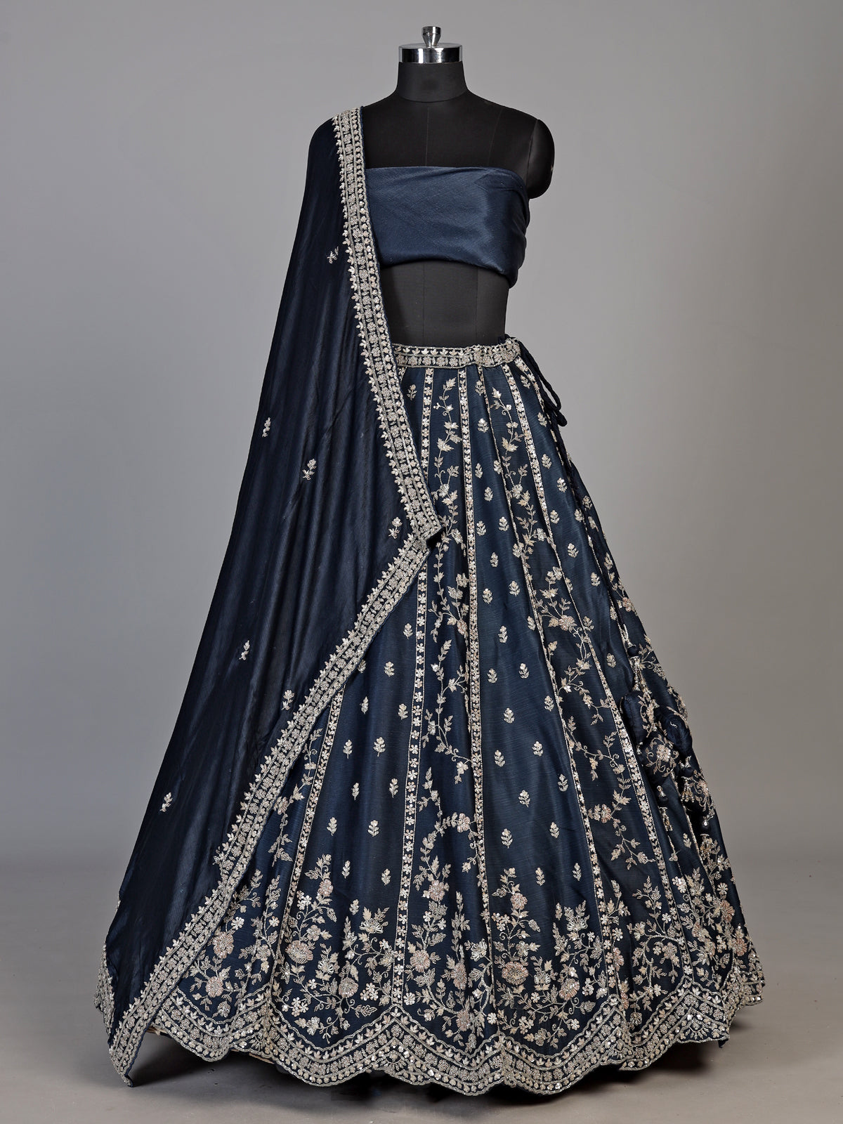 Navy silk blend unstitched lehenga choli with sparkling embellishments