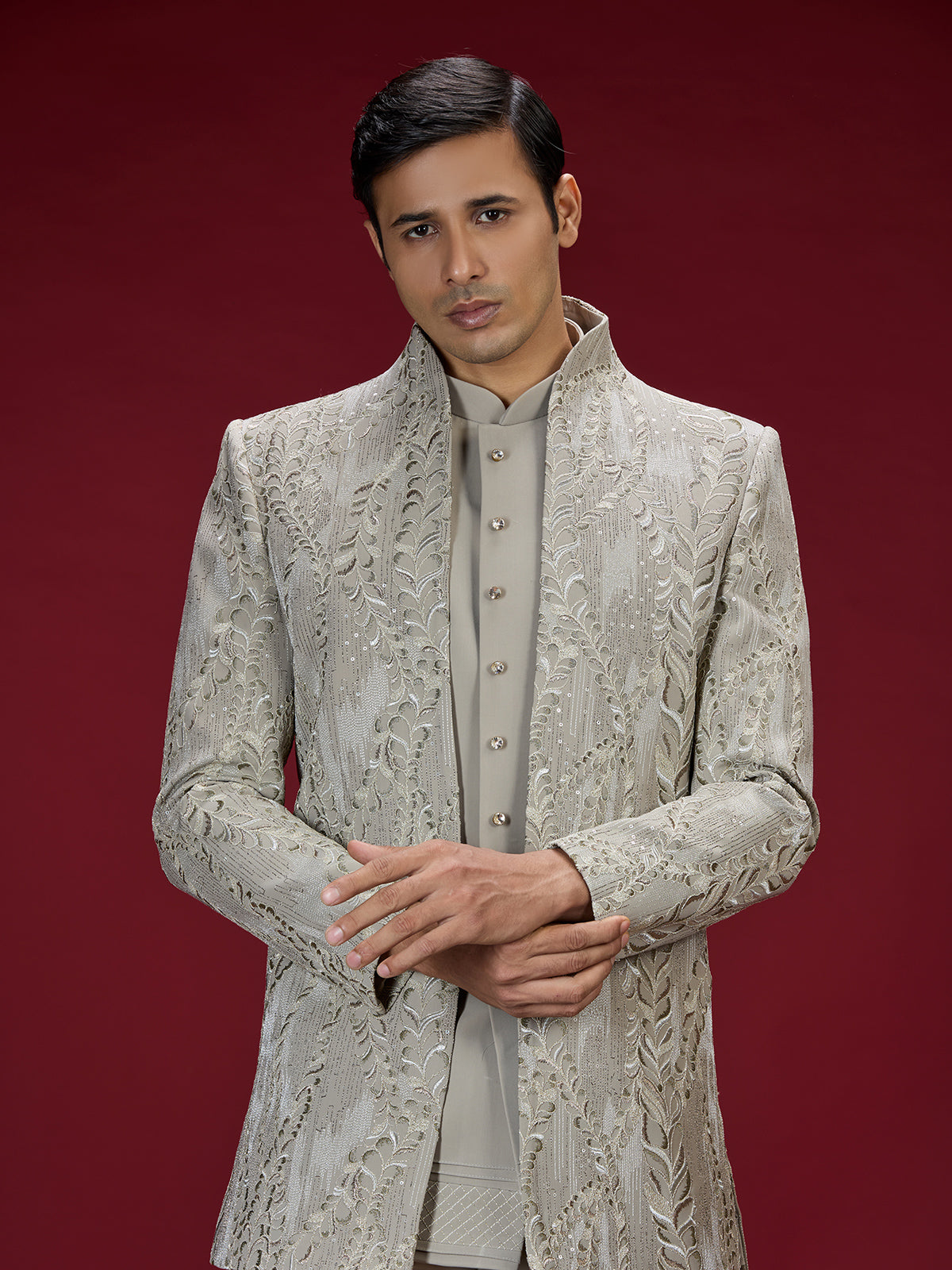 Grey floral vine indo western for men