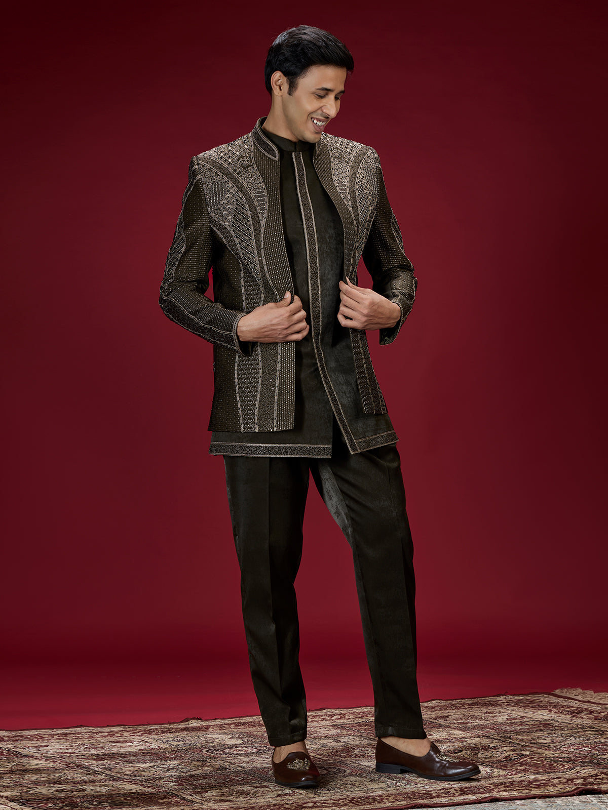 Deep green geometric embroidered indo western for men