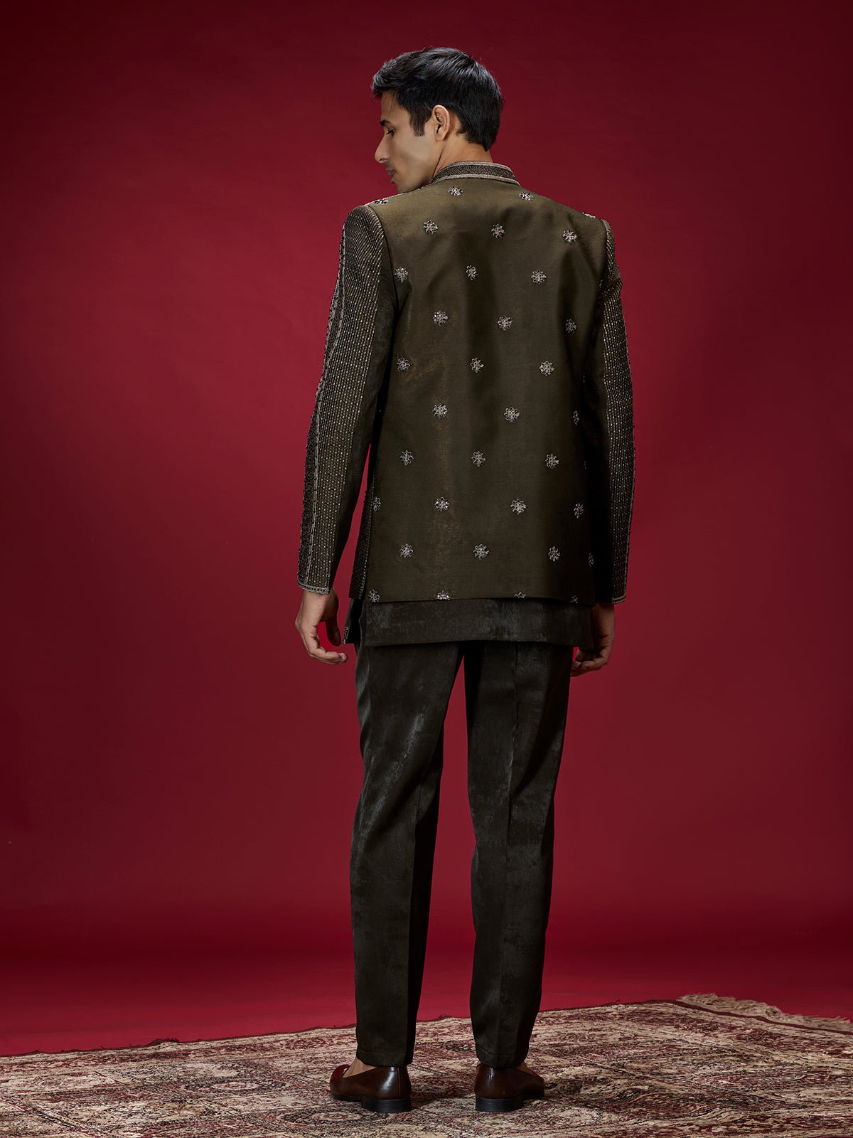 Deep green geometric embroidered indo western for men