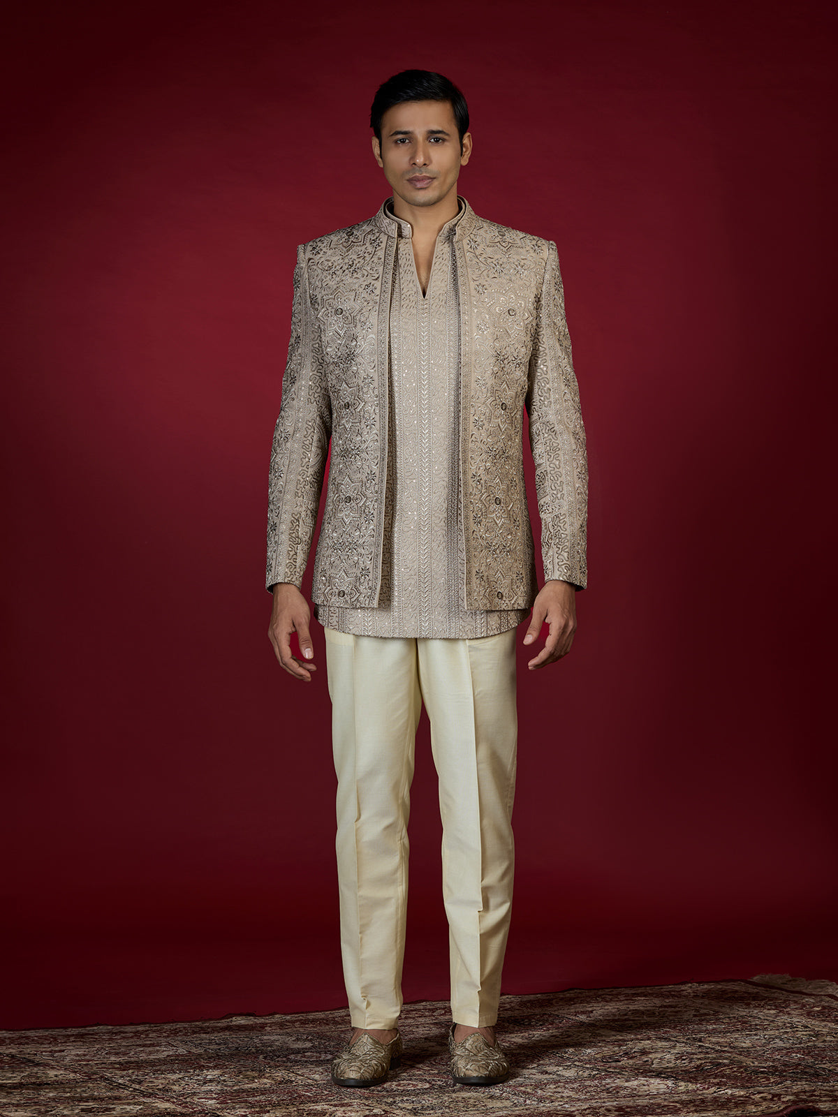 Champagne gold floral lattice indo western for men